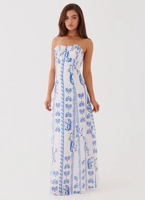 Collar Accent Tayla Linen Maxi Dress - Floral Wave