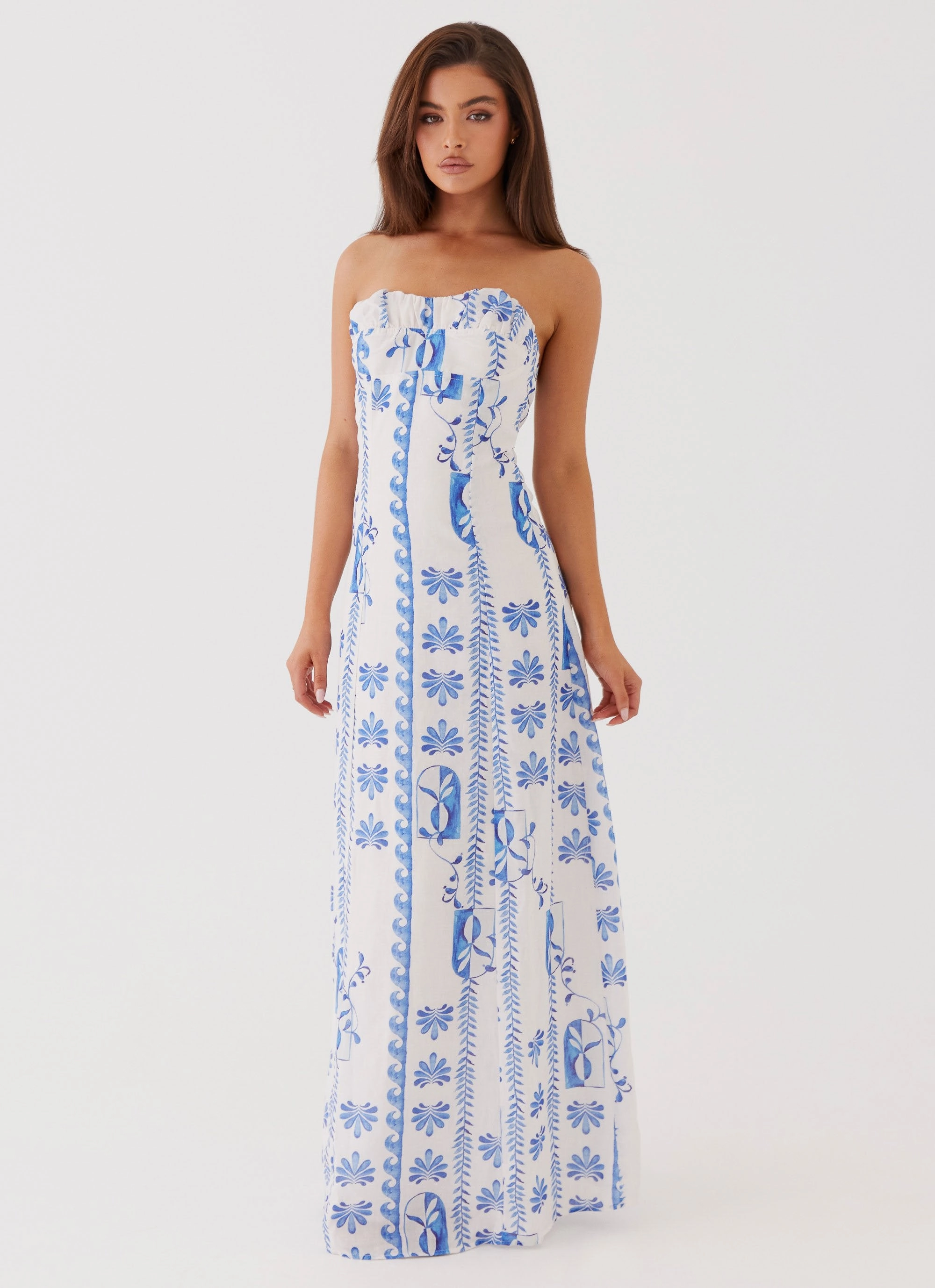 Collar Accent Tayla Linen Maxi Dress - Floral Wave