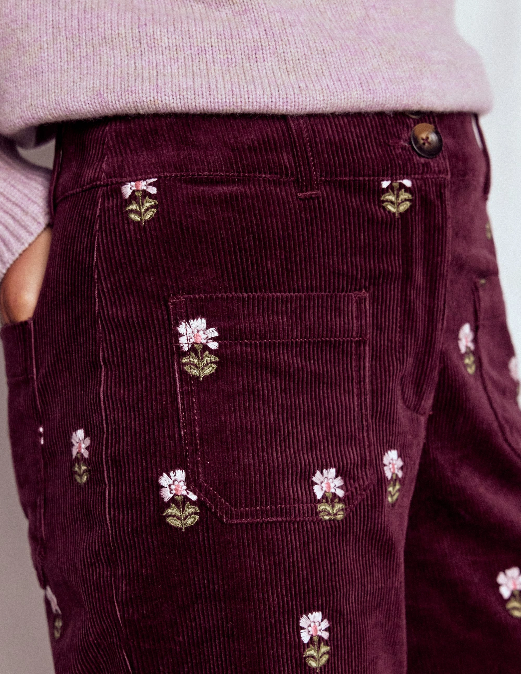 Primrose Cord Trousers-Dark Cherry Embroidery Odor Resistant Treatment