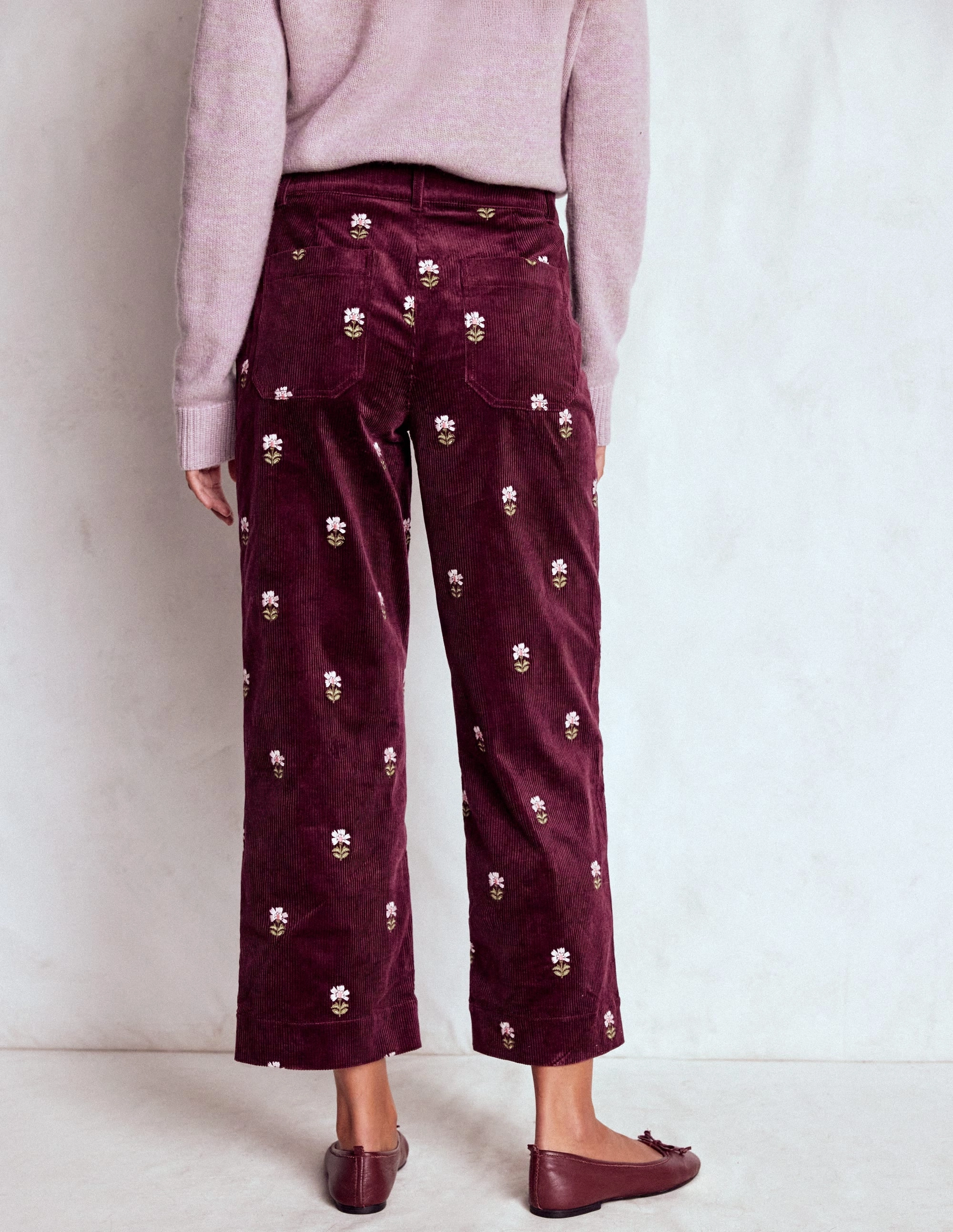 Primrose Cord Trousers-Dark Cherry Embroidery Perfect Fit Wear