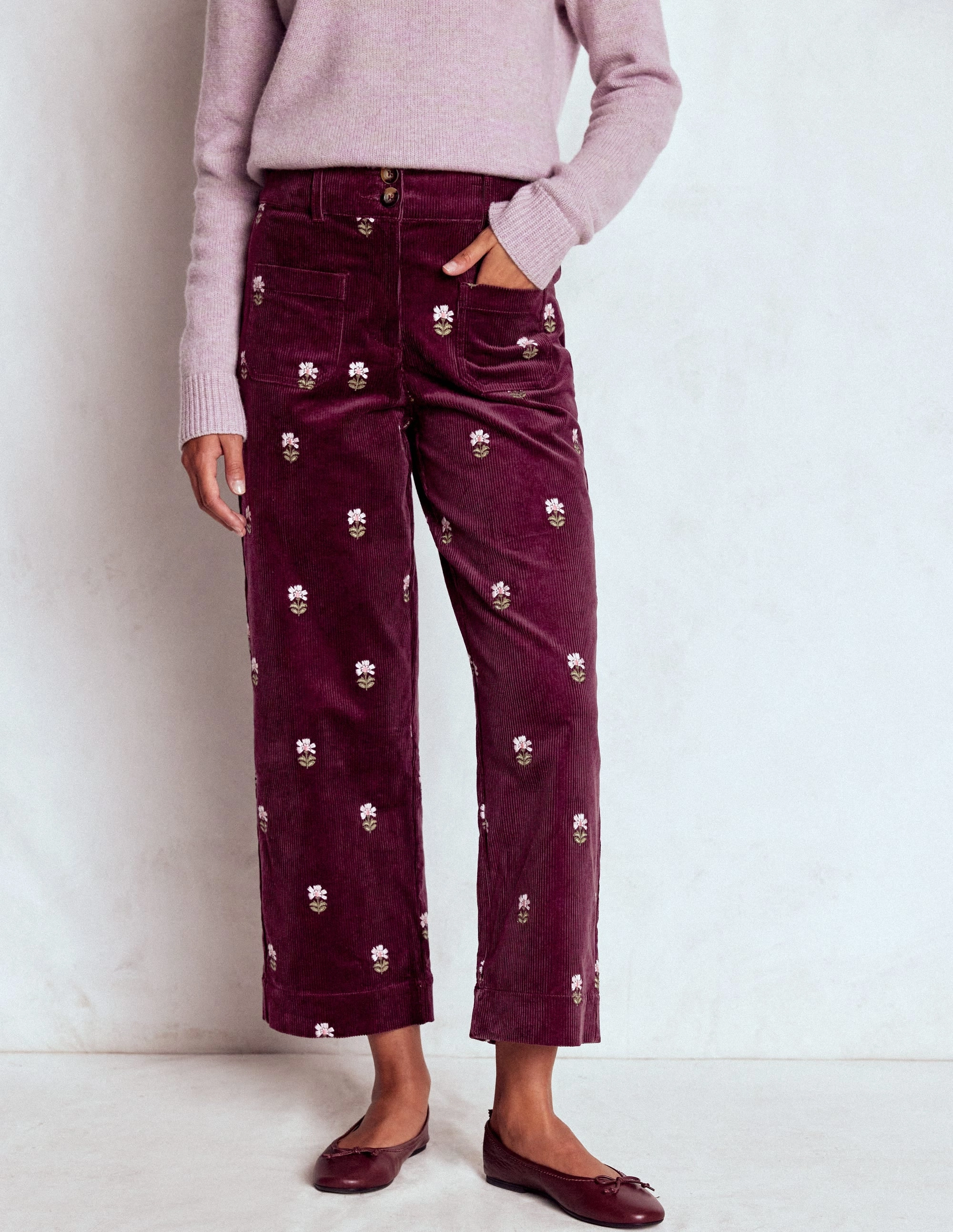 Primrose Cord Trousers-Dark Cherry Embroidery Anti Pilling Treatment