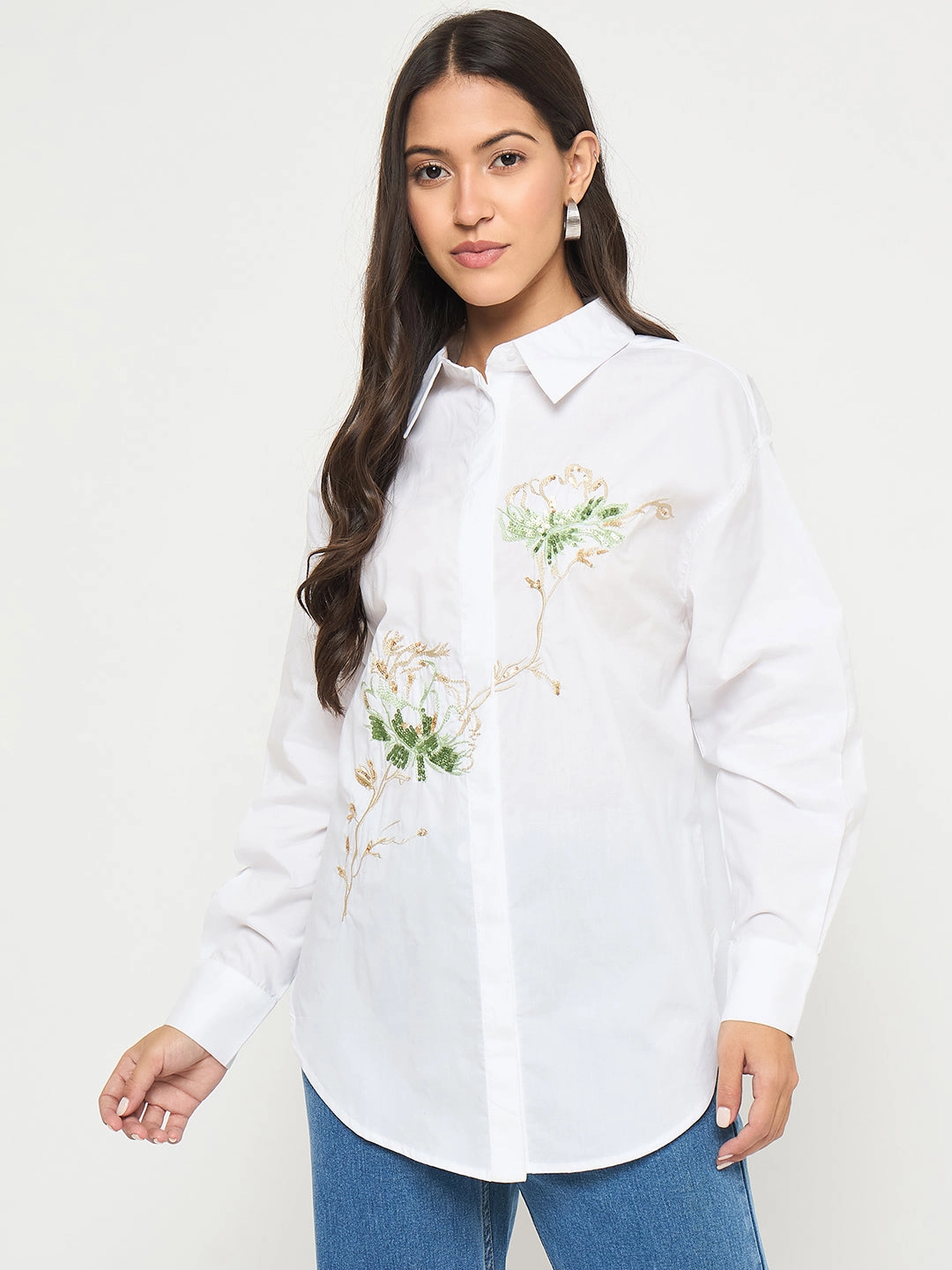 Sleek Fit Madame Floral Embroidery White Cotton Shirt