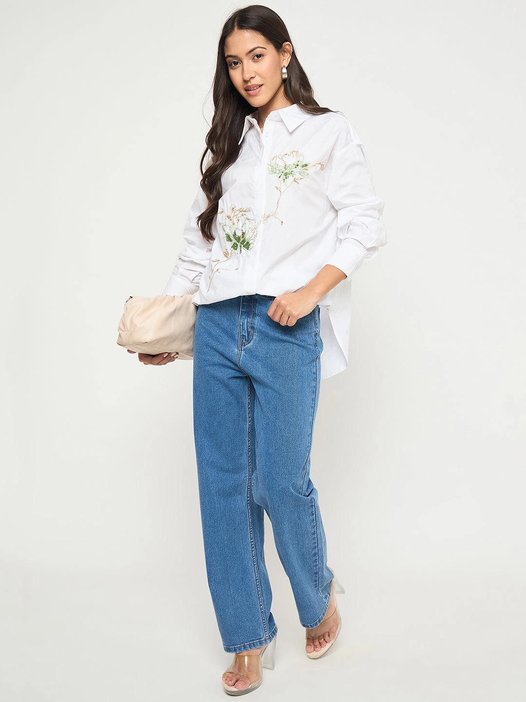 Low Profile Pocket Design Mesh Insert Madame Floral Embroidery White Cotton Shirt