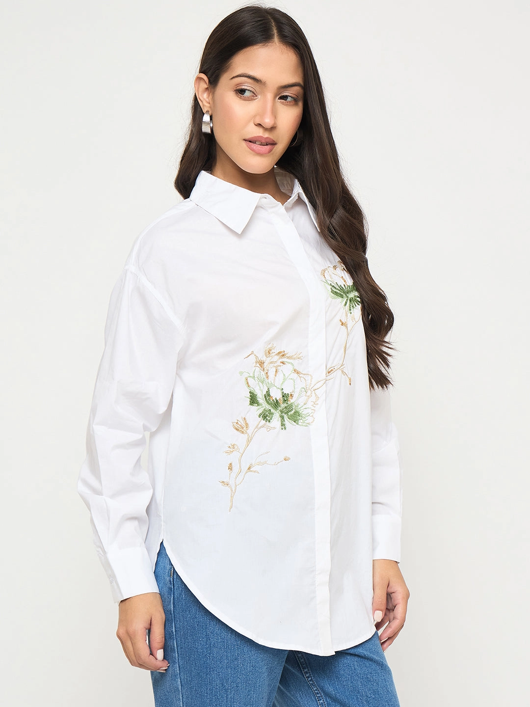 Madame Floral Embroidery White Cotton Shirt Artistic Design Minimalist fashion