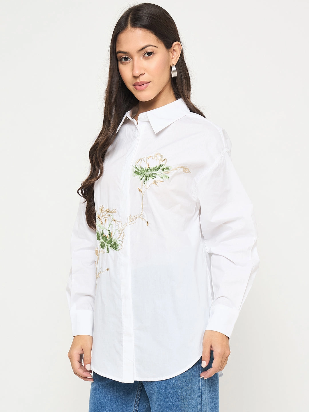 garden party Madame Floral Embroidery White Cotton Shirt