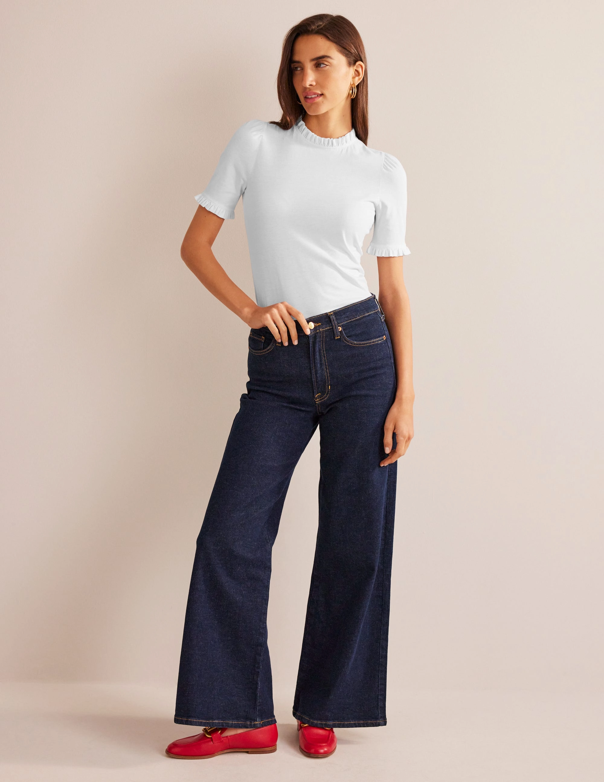 Quick Release Buttons Mesh Panel Details Supersoft Frill Detail T-shirt-White