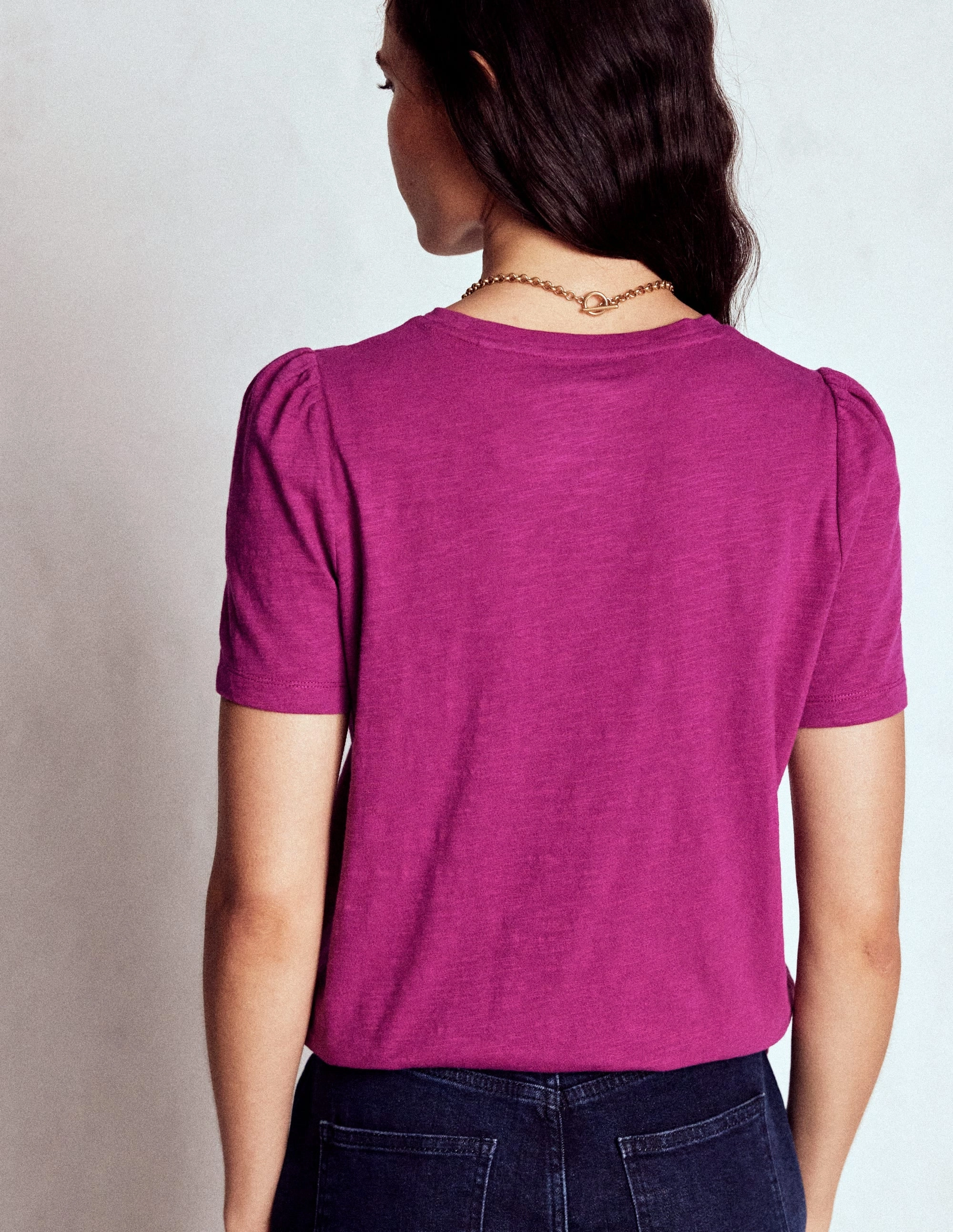 Reflective Detailing Cotton Puff Sleeve T-Shirt-Rich Magenta