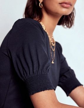 Flowing Design Adjustable Hem Short Sleeve Smocked Cuff Top-Navy