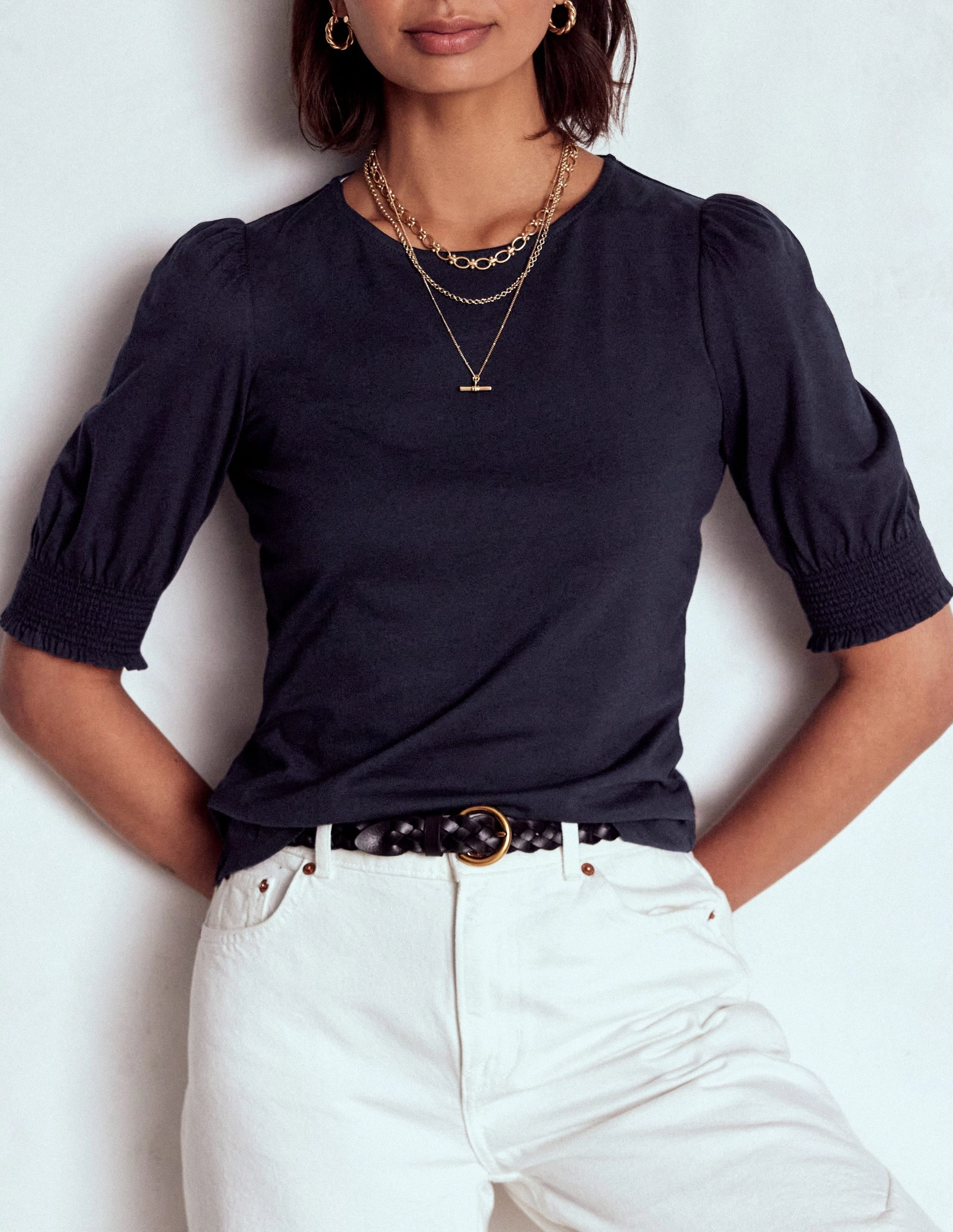 Short Sleeve Smocked Cuff Top-Navy ButtonFront