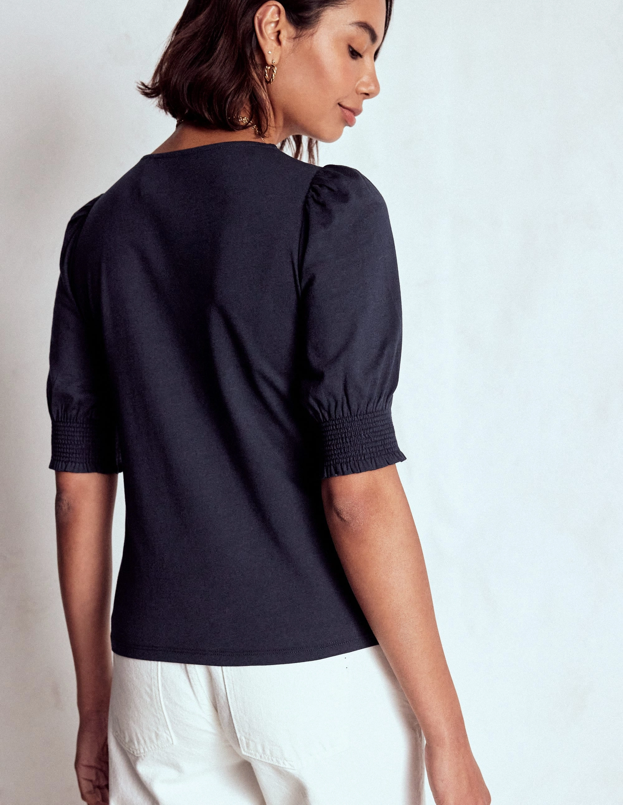 Short Sleeve Smocked Cuff Top-Navy Snag Proof Weave