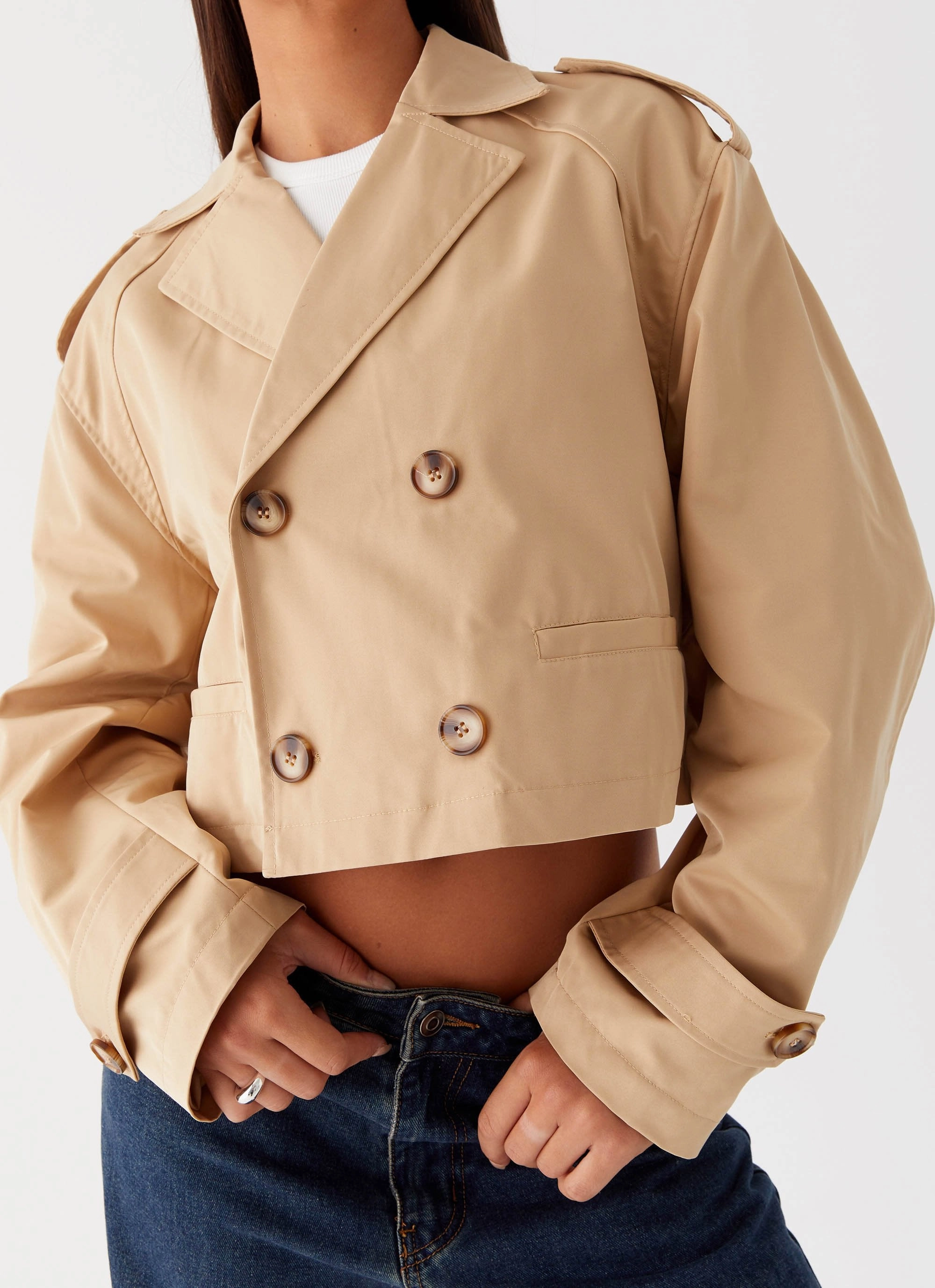 waterproof construction Teddie Cropped Trench Coat - Camel
