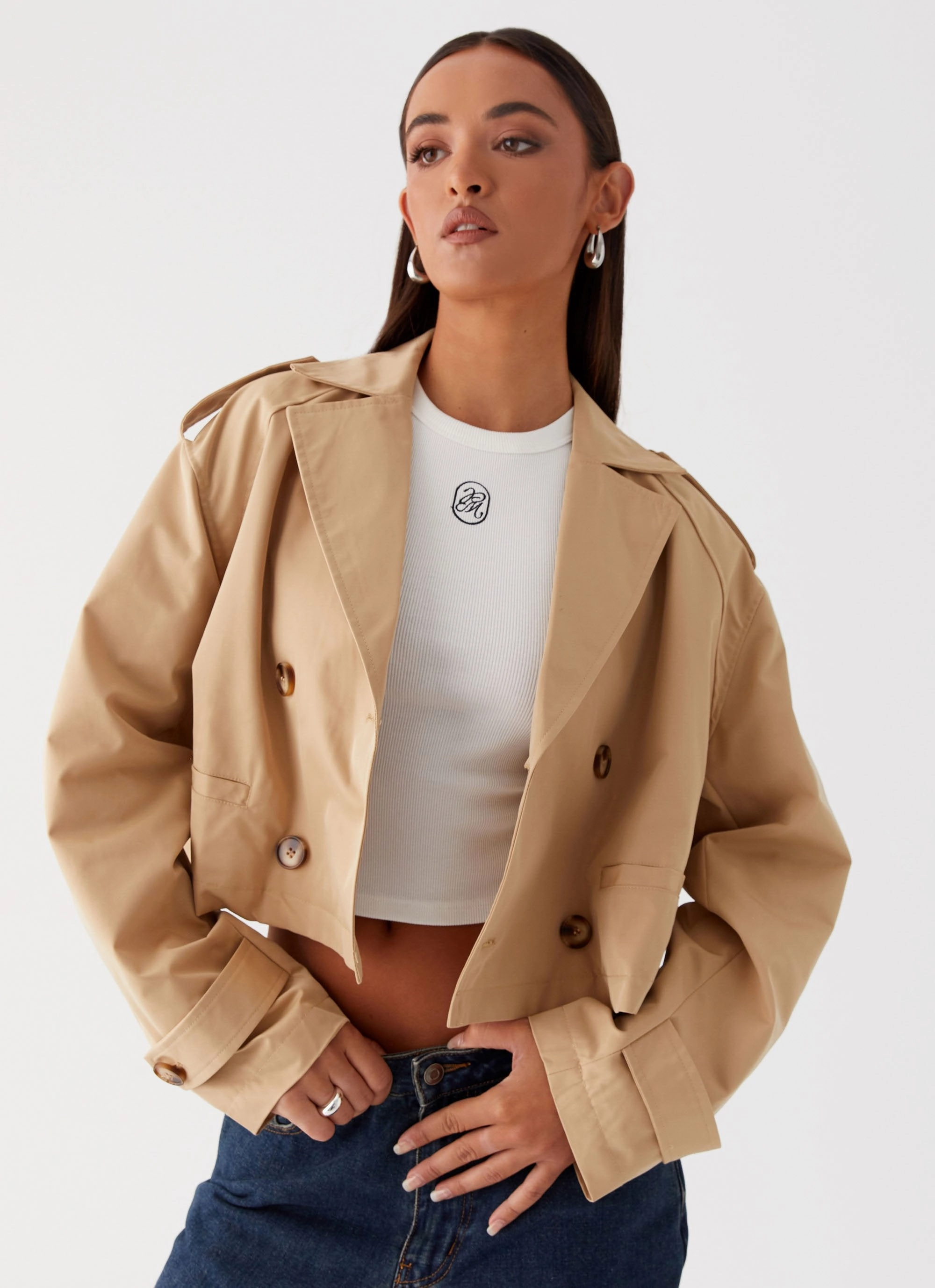 Teddie Cropped Trench Coat - Camel Stretchable Cuffs