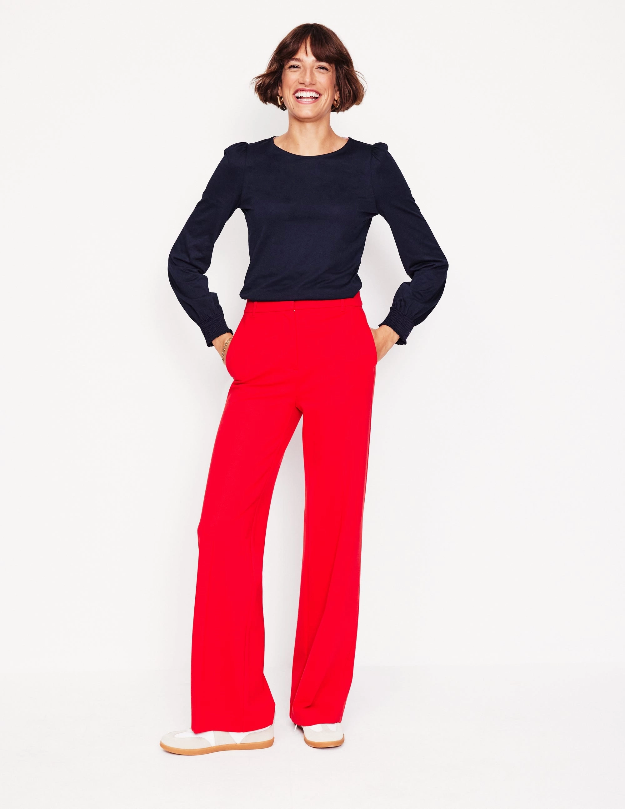 Smocked Cuff Supersoft Top-Navy Convertible Design