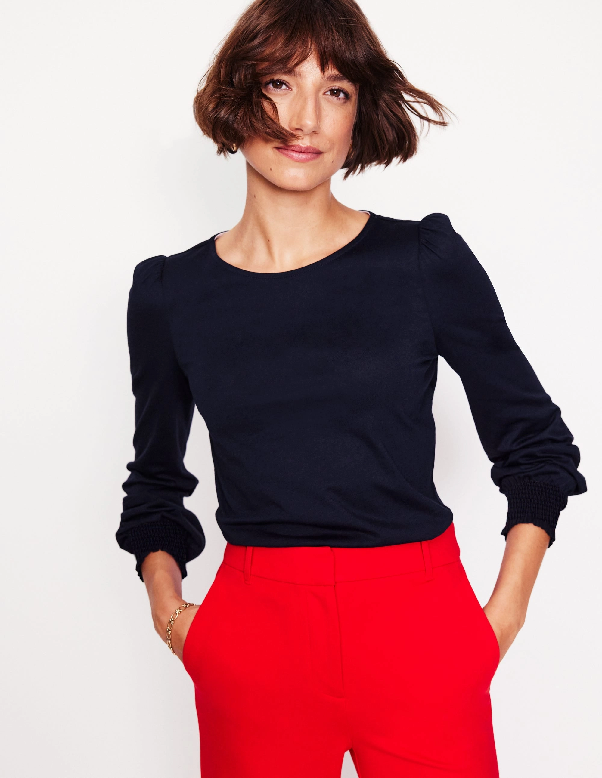 AdjustableHem Smocked Cuff Supersoft Top-Navy