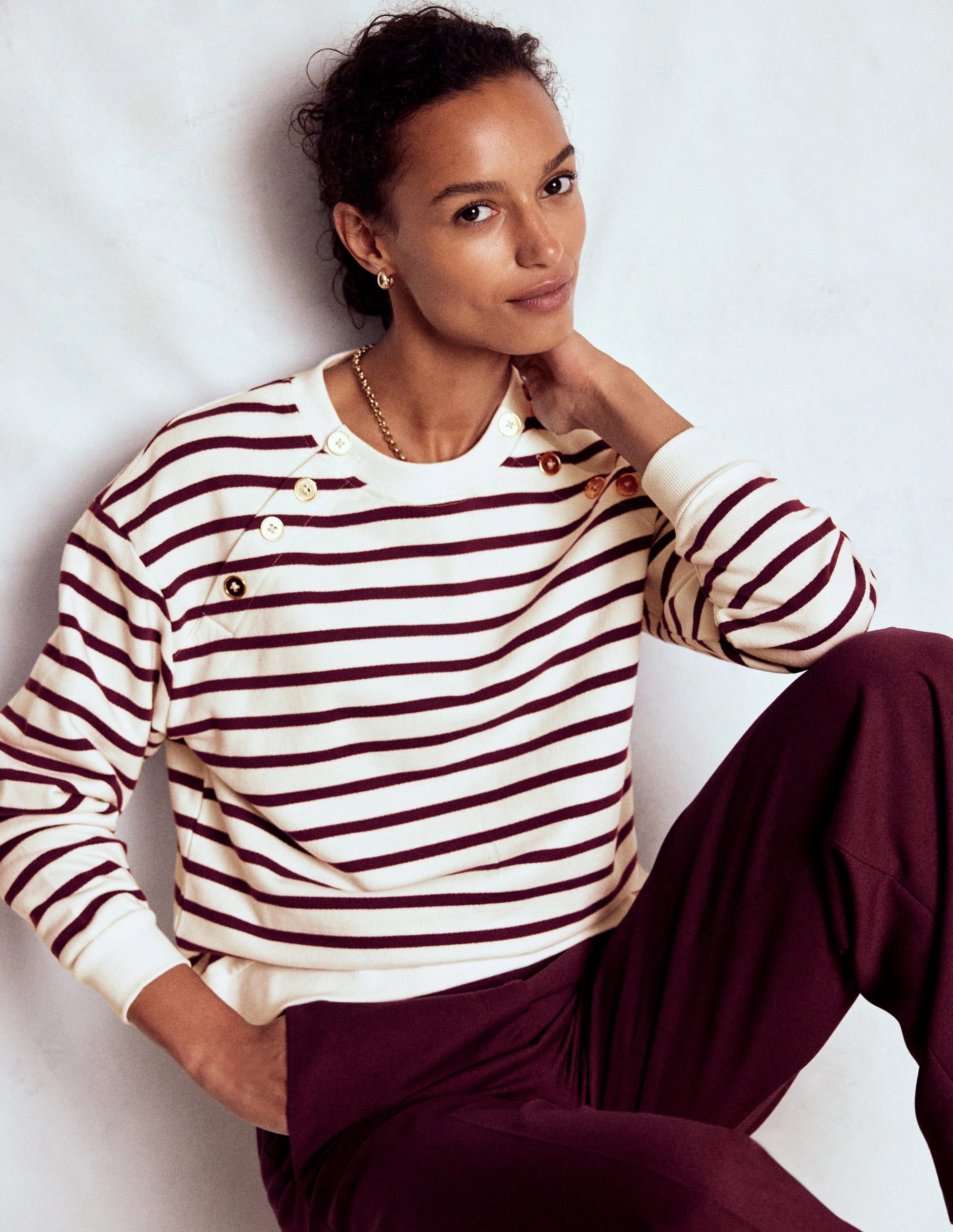 SnagFreeKnit Button Detail Sweatshirt-Deep Wisteria, Ivory