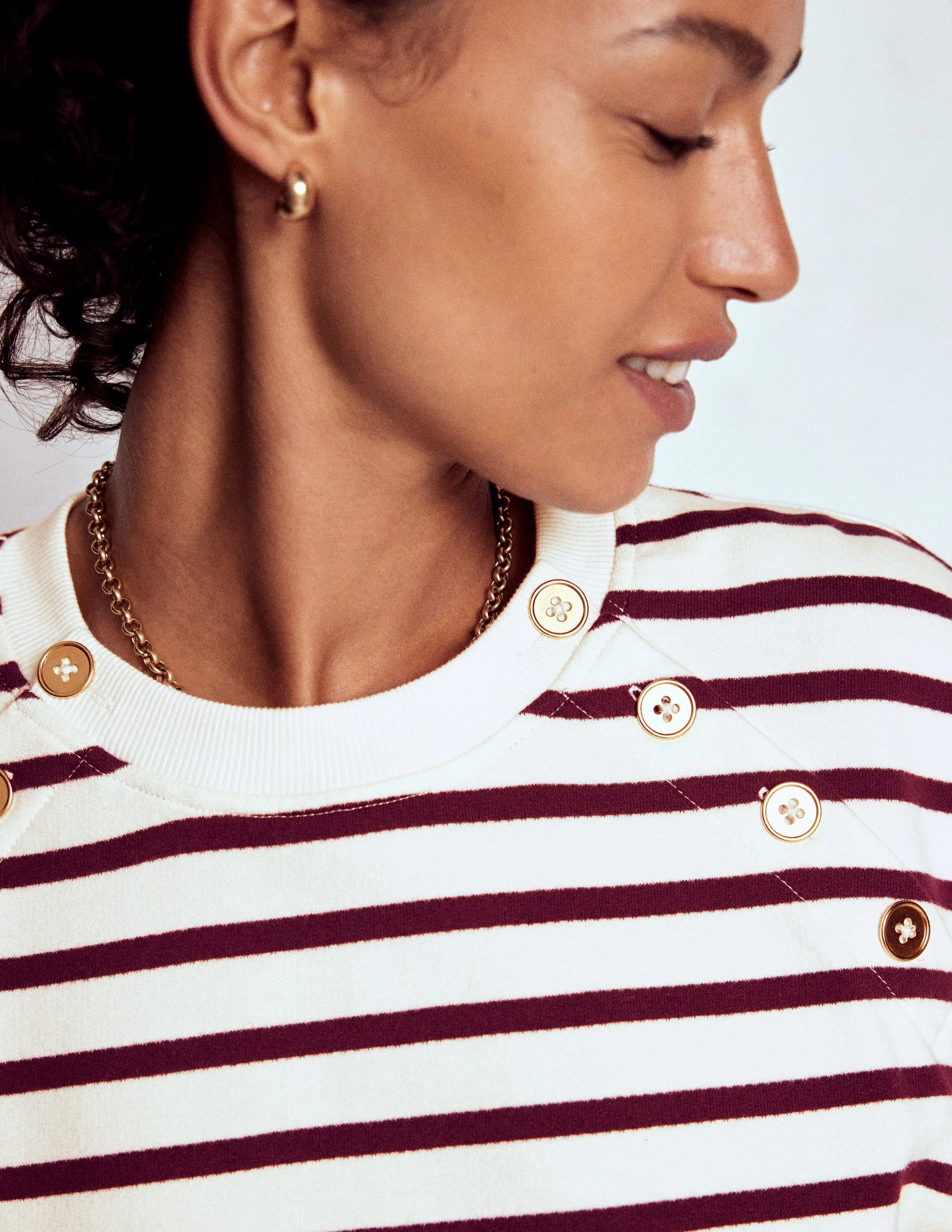 Erasable Surface Coating Button Detail Sweatshirt-Deep Wisteria, Ivory