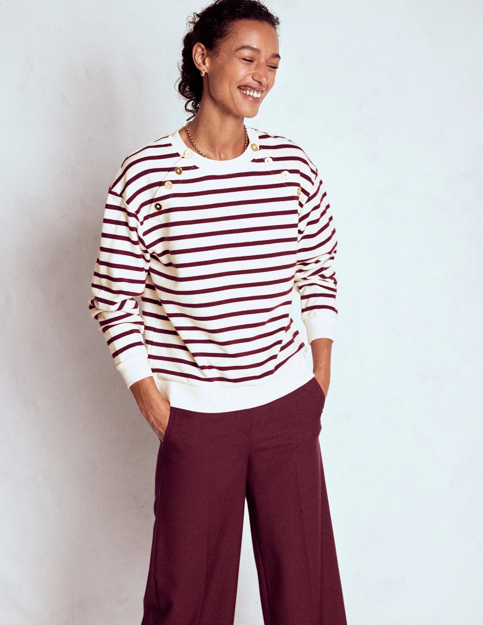 Non Chafing Edges Button Detail Sweatshirt-Deep Wisteria, Ivory