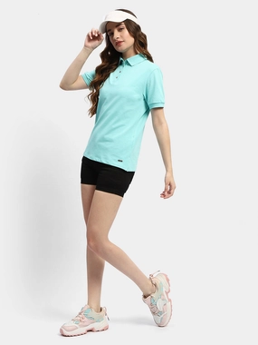 Madame Solid Aqua Blue Polo Neck T-Shirt UV Protective Fabric Cozy Apparel