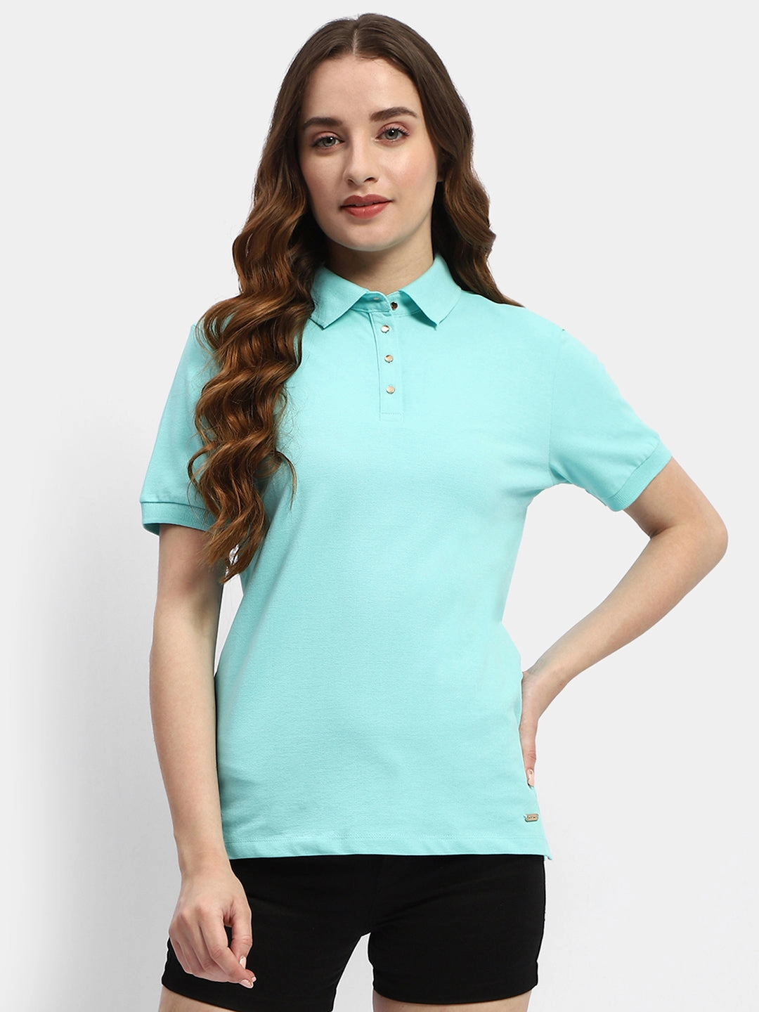 Cozy Vibe Madame Solid Aqua Blue Polo Neck T-Shirt