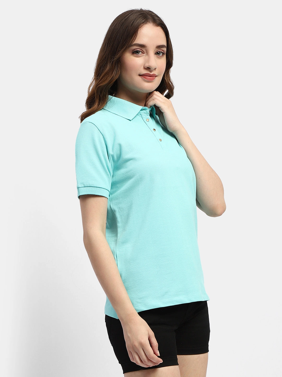 Madame Solid Aqua Blue Polo Neck T-Shirt Casual Design Fit