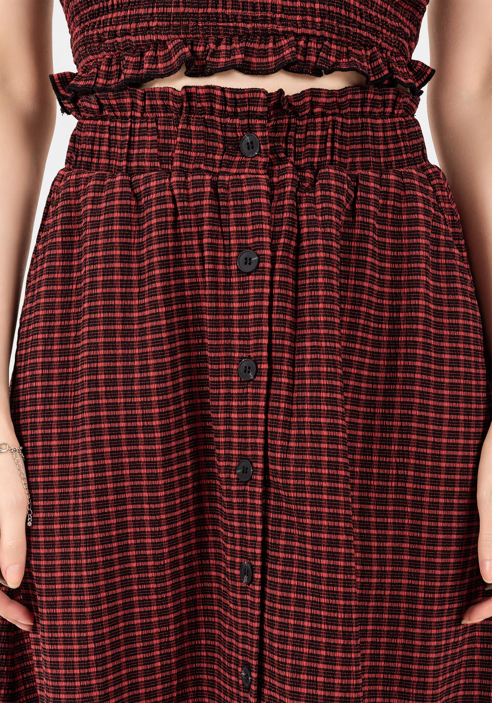 Carmine Textured Check Button Up Midaxi Skirt Fitted Cut