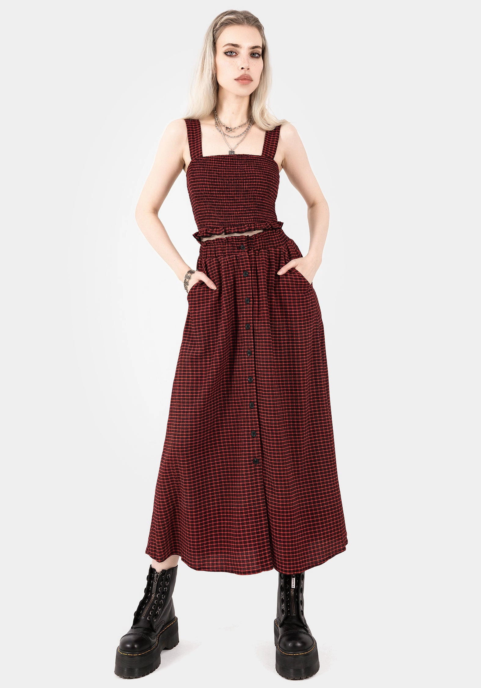 mix and match Carmine Textured Check Button Up Midaxi Skirt