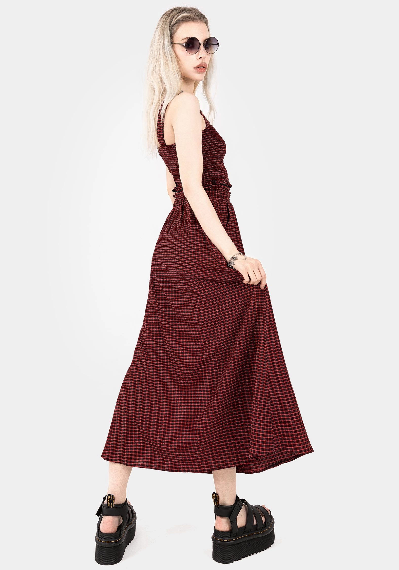 Performance Outfit Evening Outing Carmine Textured Check Button Up Midaxi Skirt