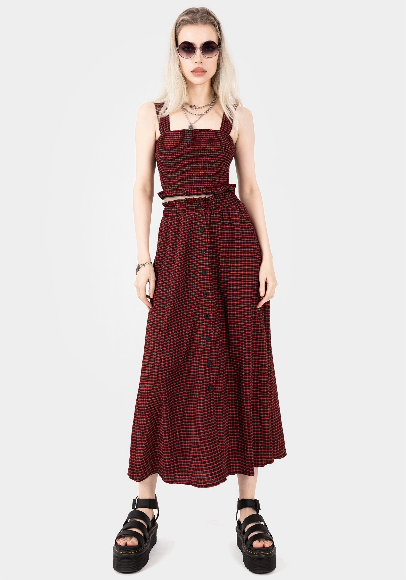 Carmine Textured Check Button Up Midaxi Skirt Contrast Stitching Gathered waist
