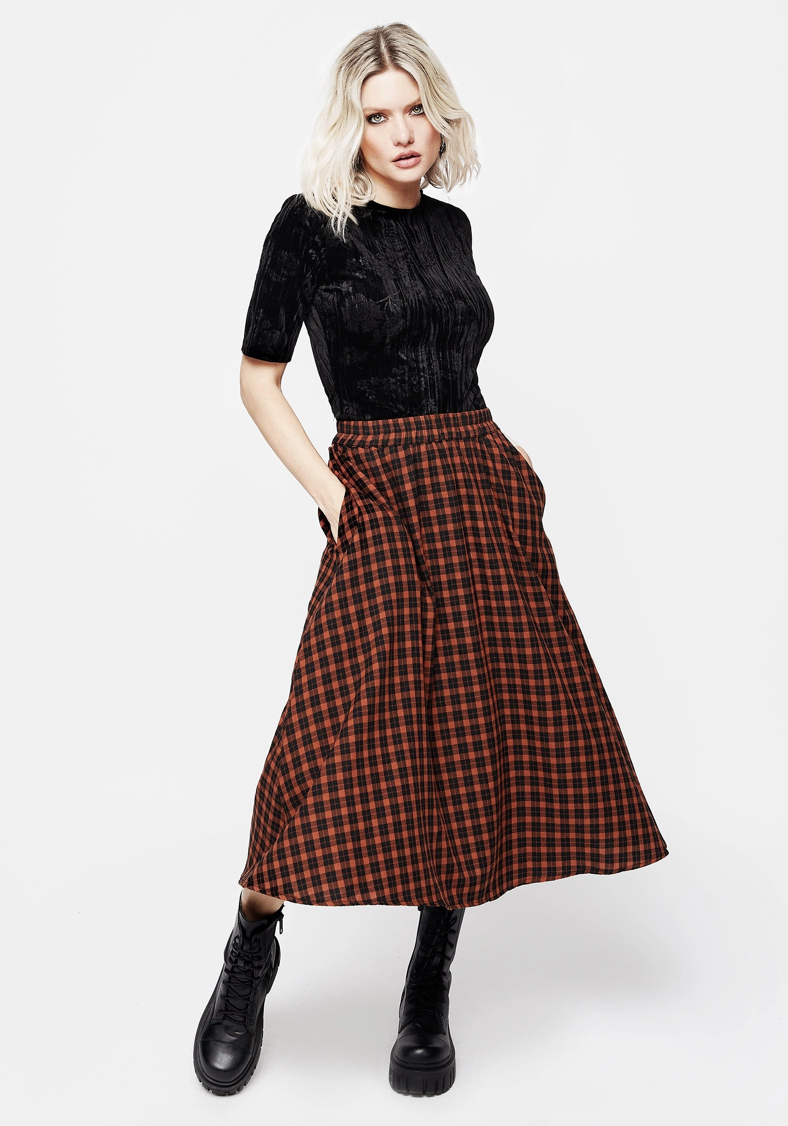 Terra Check Midi Skirt - Orange Relaxed Style Denim style