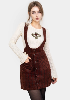 Terracotta Check Cord Mini Pinafore Skirt Vibe Shot