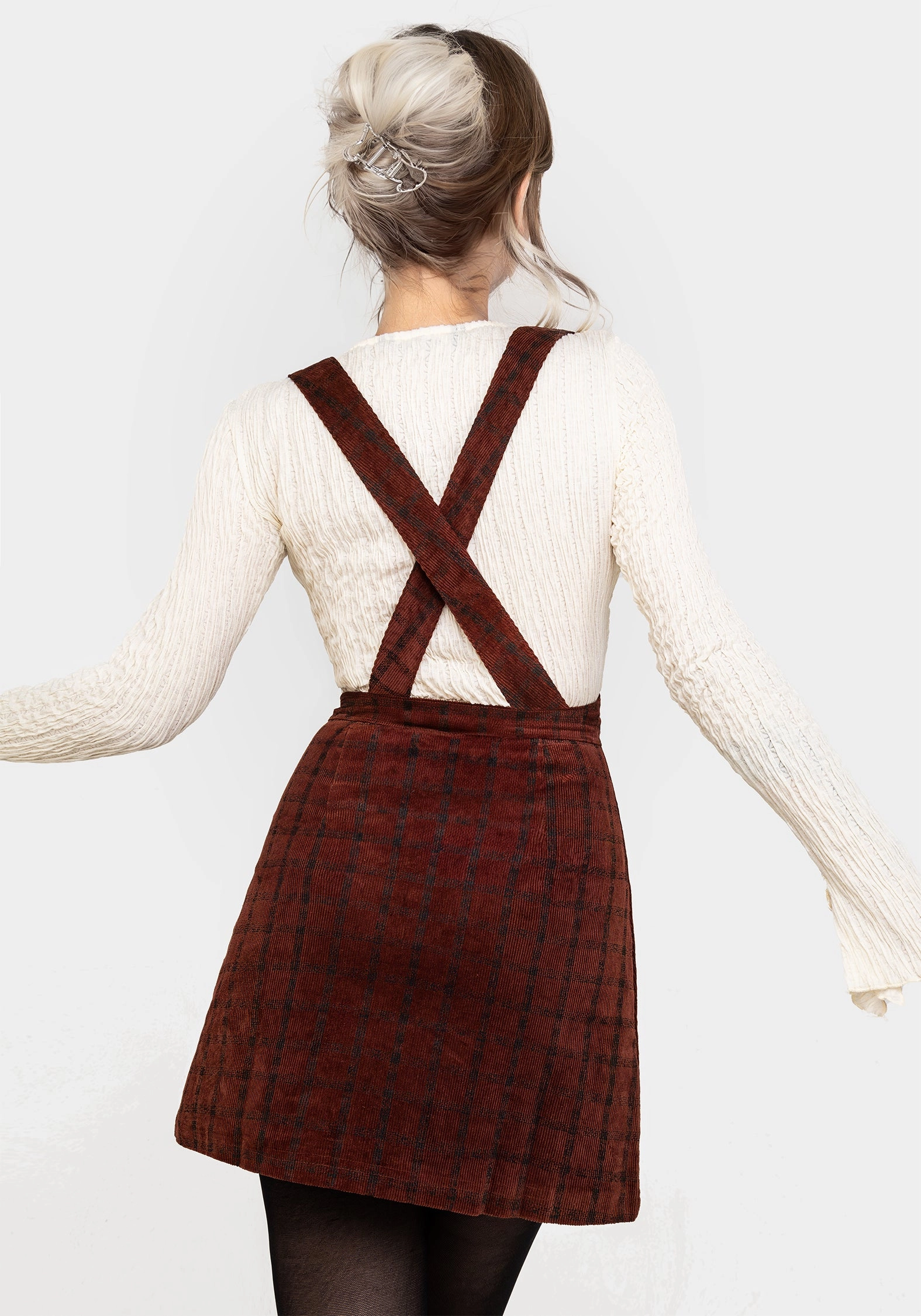 Subtle Mood Terracotta Check Cord Mini Pinafore Skirt