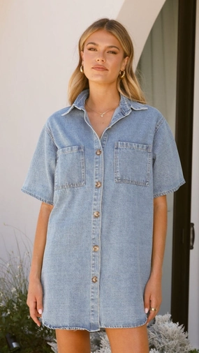 Edgy Layers Chaney Button Up Mini Dress - Medium Denim