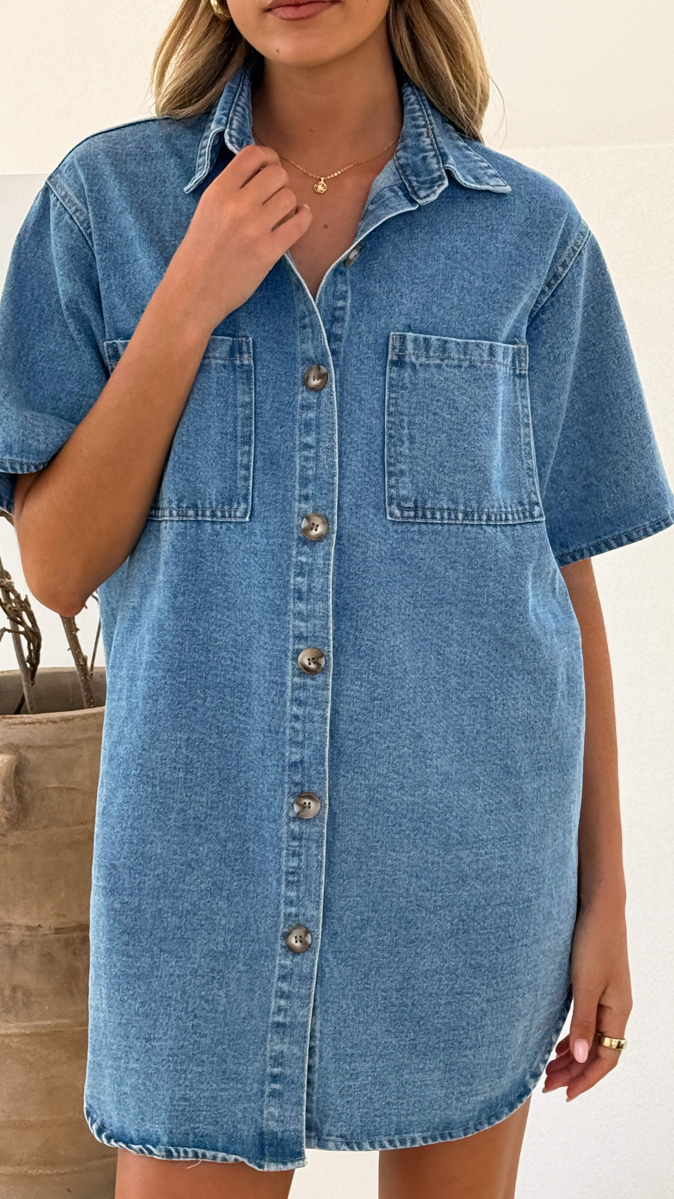 Chaney Button Up Mini Dress - Medium Denim BreathableLining Casual Chic