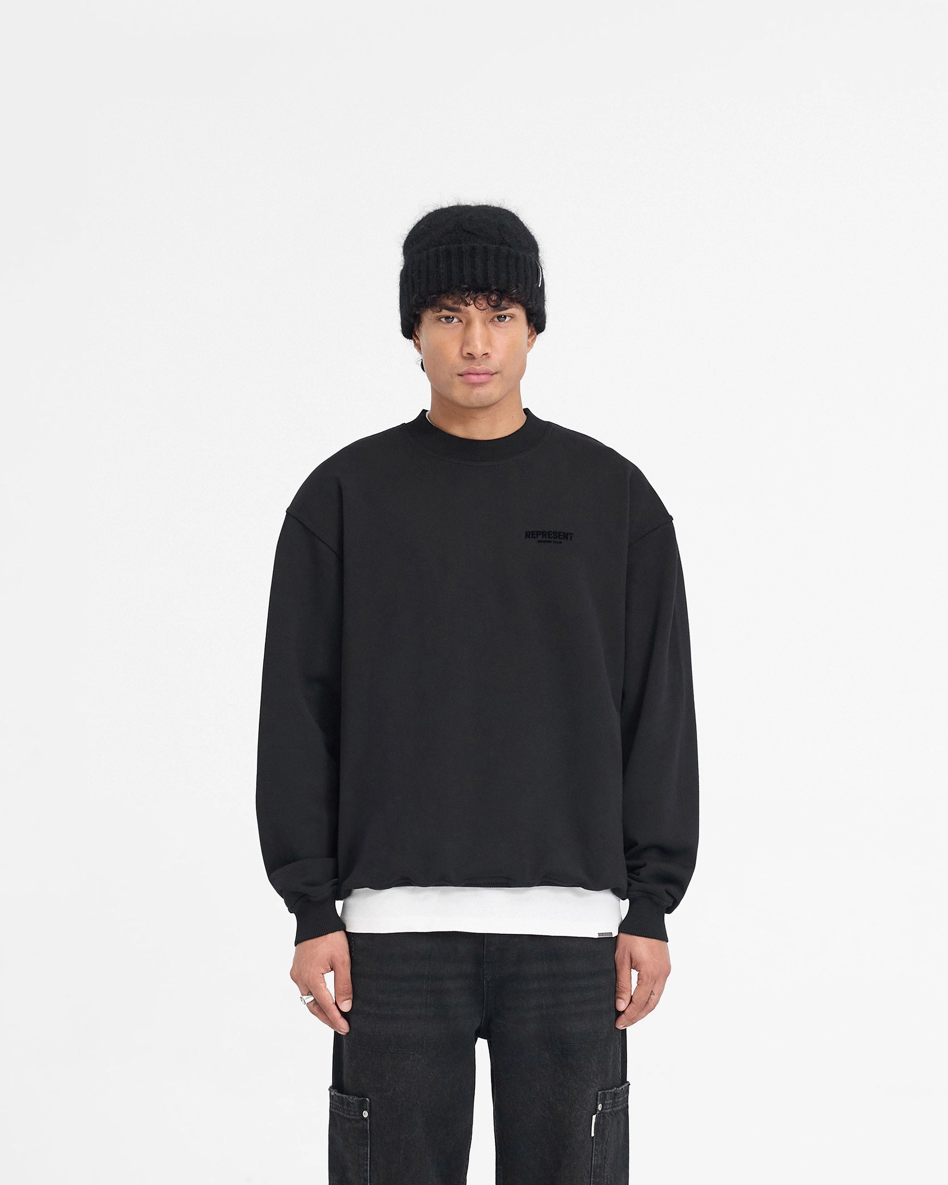 Comfortable Look Effortless Layering Represent Owners Club Flocked Sweater - Black