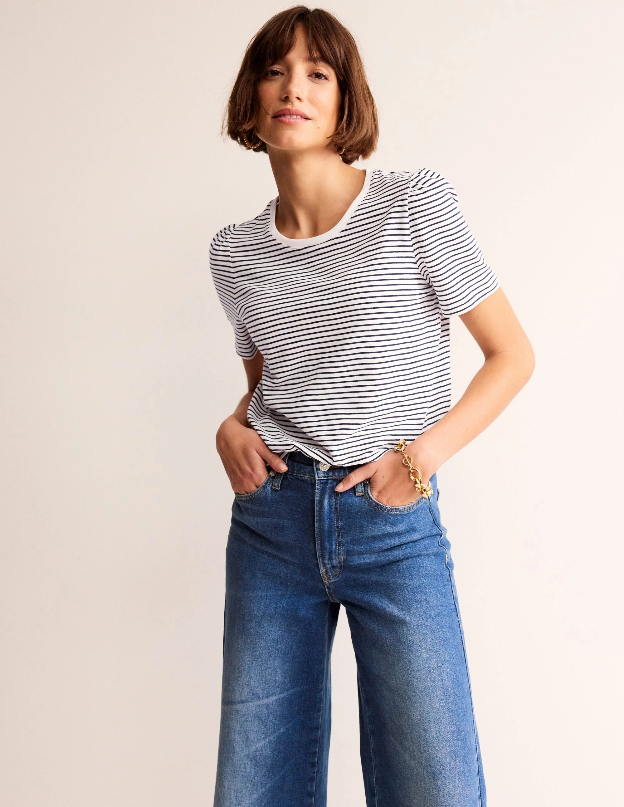 Cotton Puff Sleeve T-Shirt-Ivory, Navy Stripe PaddedInsulation