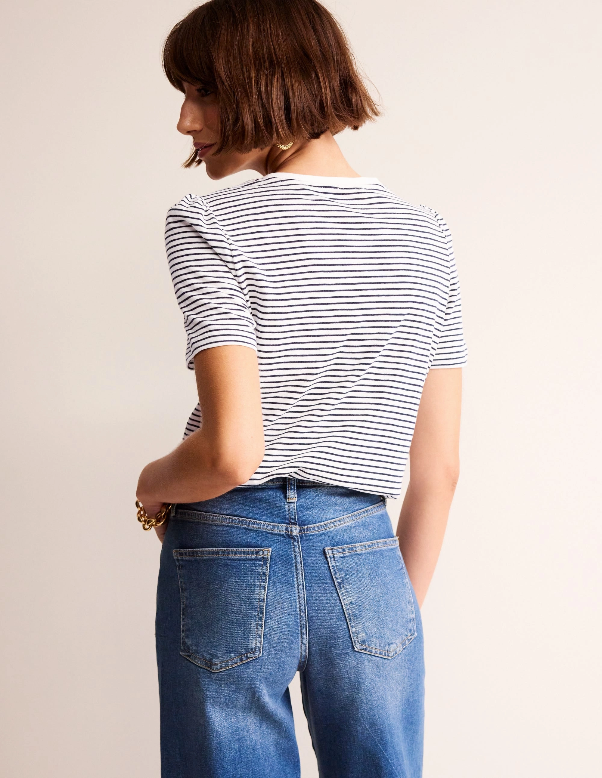 Garment Washed Softness Tapered Cut Cotton Puff Sleeve T-Shirt-Ivory, Navy Stripe