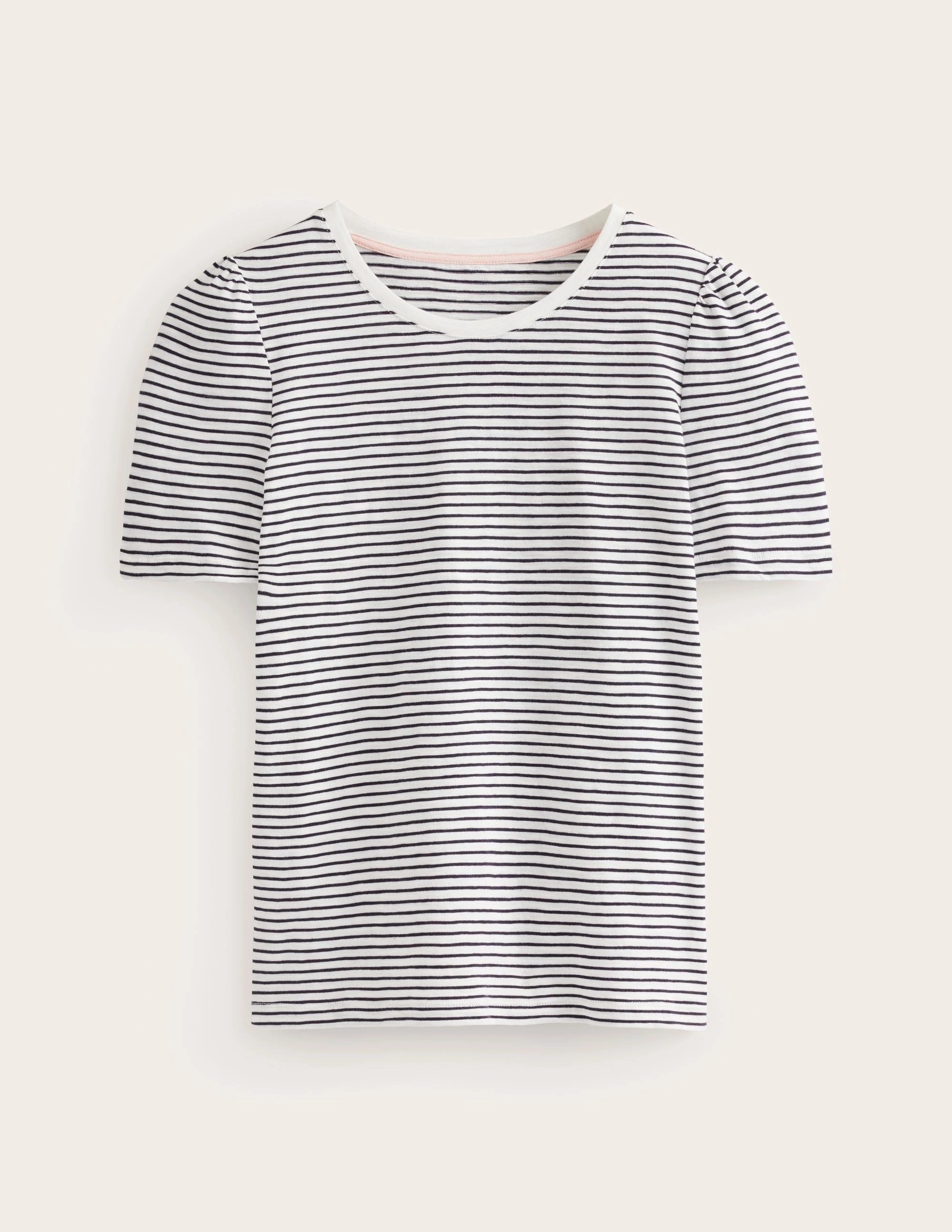 Elastic Edge Binding Cotton Puff Sleeve T-Shirt-Ivory, Navy Stripe