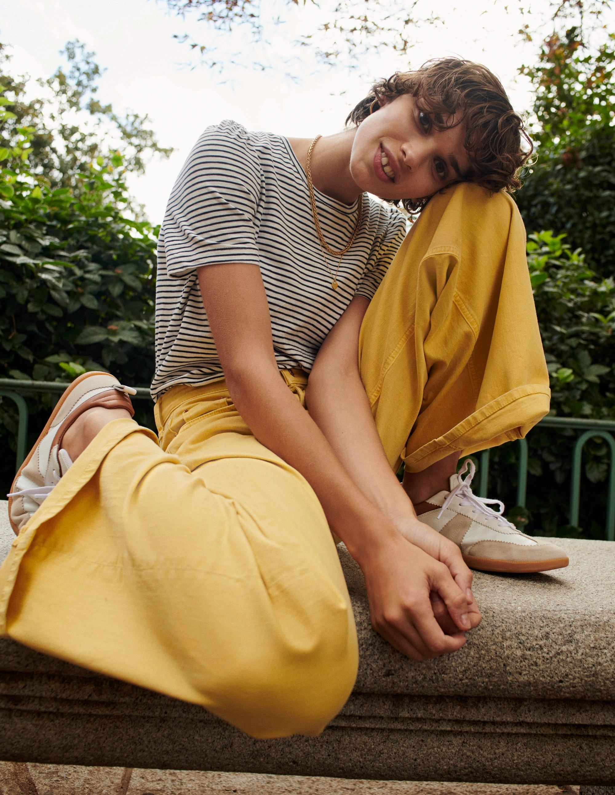 Warm Fabric Cotton Puff Sleeve T-Shirt-Ivory, Navy Stripe