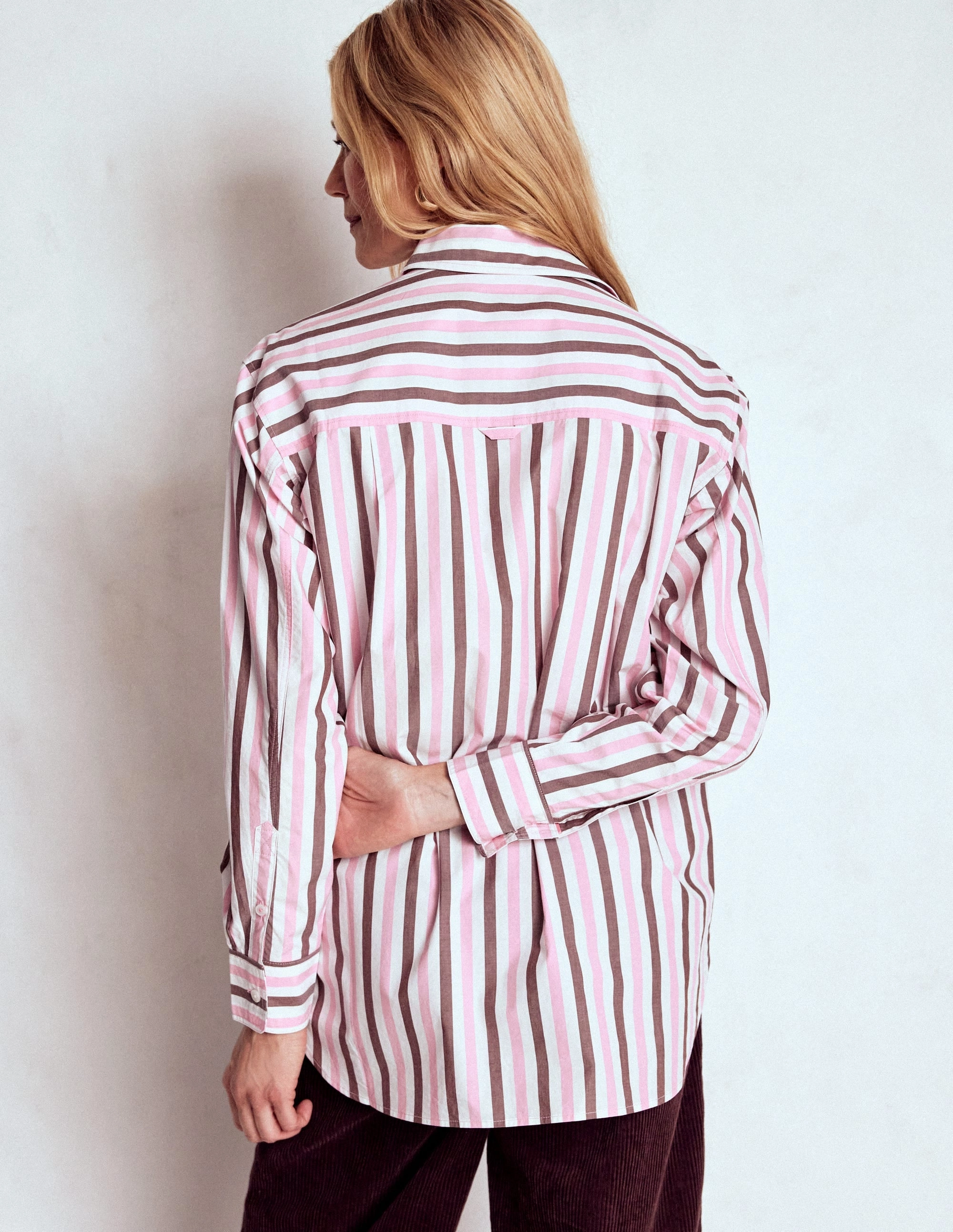 Odor Control Fabric Weekend Vibes Sadie Relaxed Cotton Shirt-Pink and Chestnut Stripe