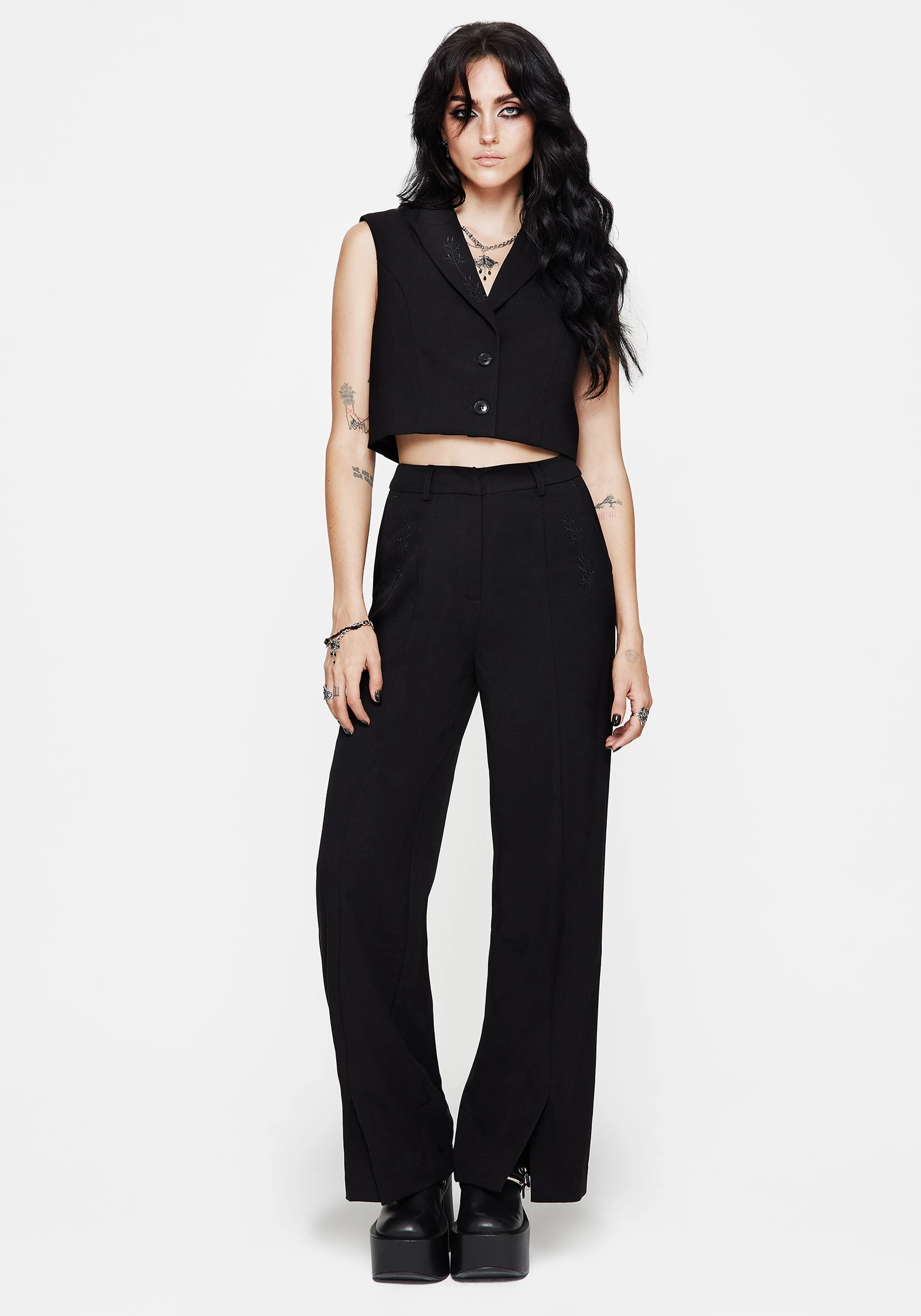 Thora Embroidered Crop Waistcoat Anti Static Weave Rainy Day