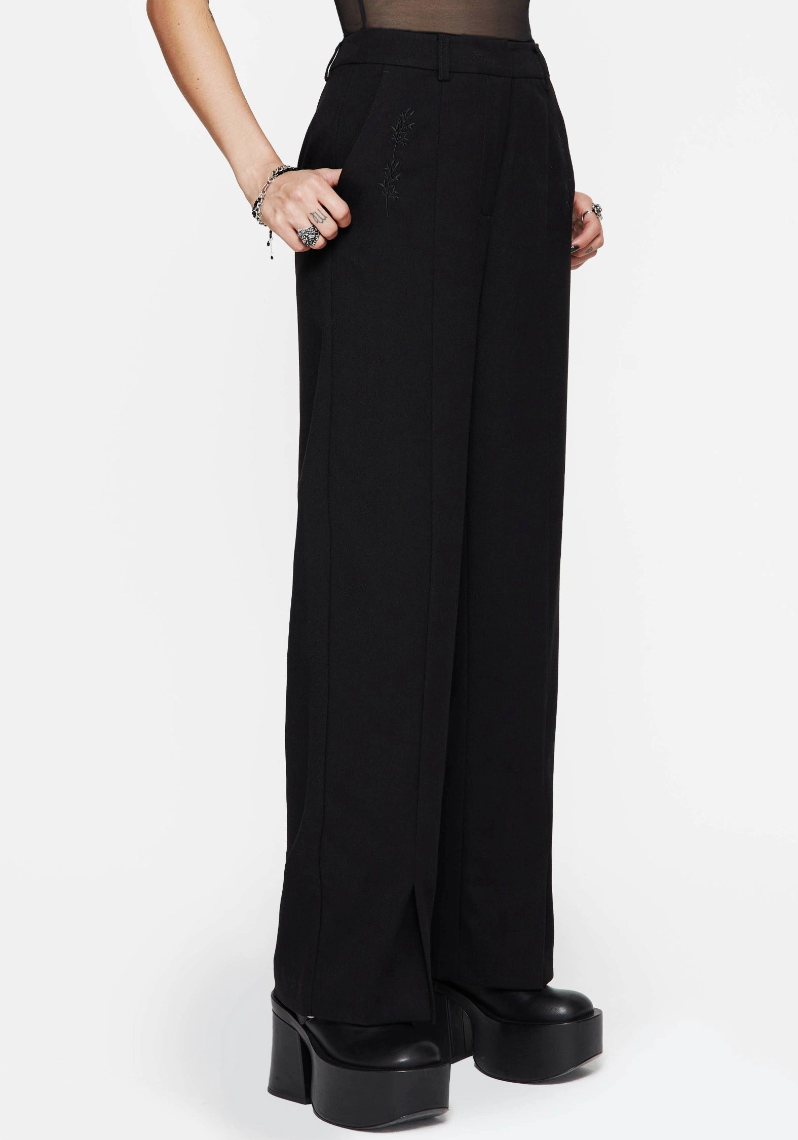 AdjustableWaistband elastic waistband Thora Embroidered Front Split Tailored Trouser