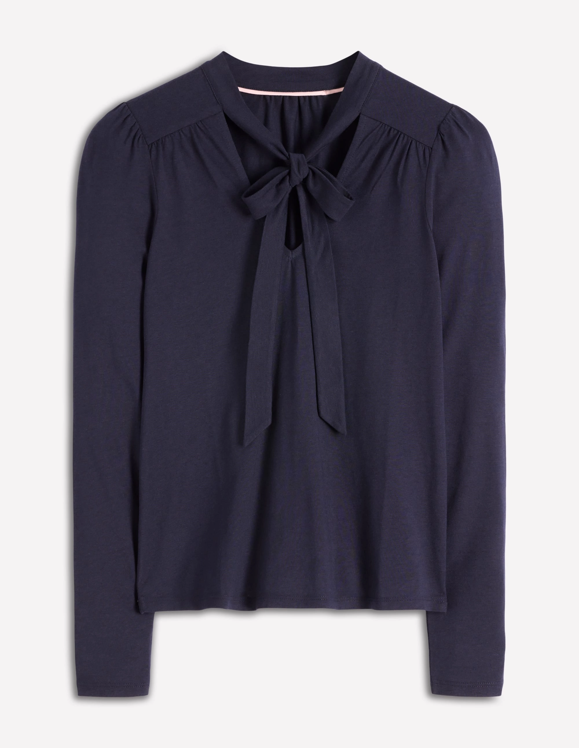 Tie Neck Supersoft Top-Navy Snag Proof Weave Self Fabric Tie Closure