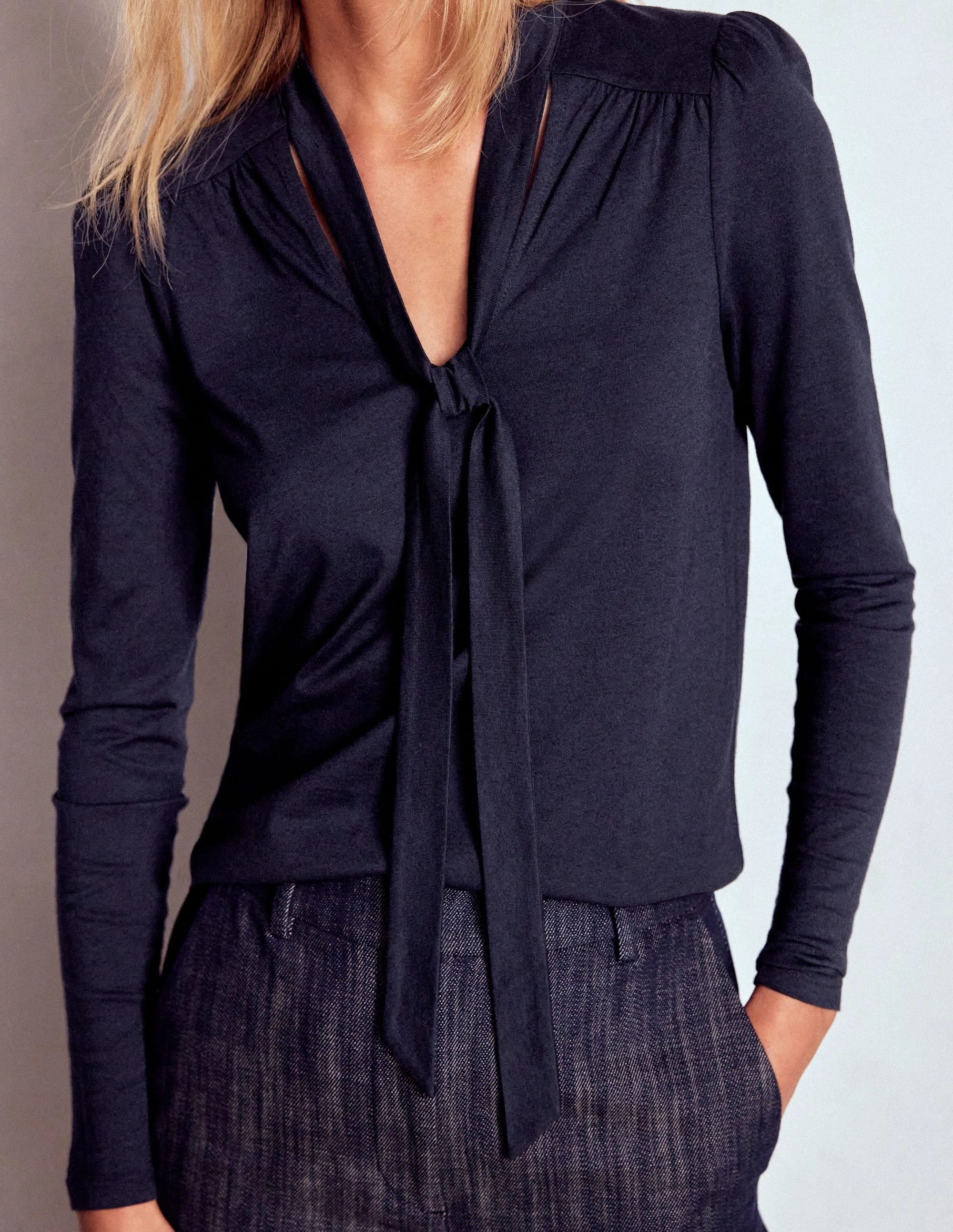 Tie Neck Supersoft Top-Navy Sustainable Waterproofing MultiFunctionalDesign