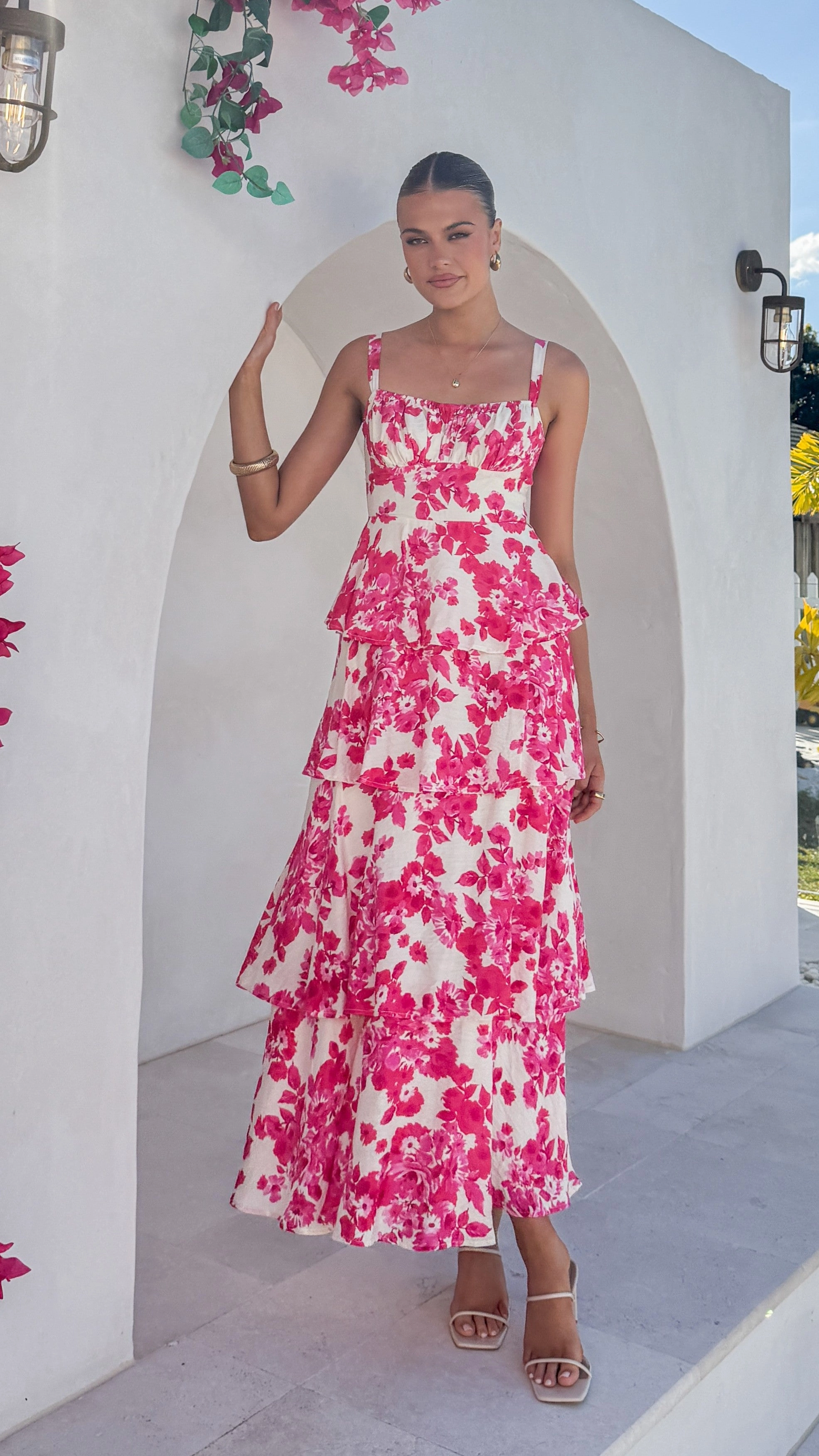 Korean Mood Layered Wear Odilia Maxi Dress - Pink/White Floral