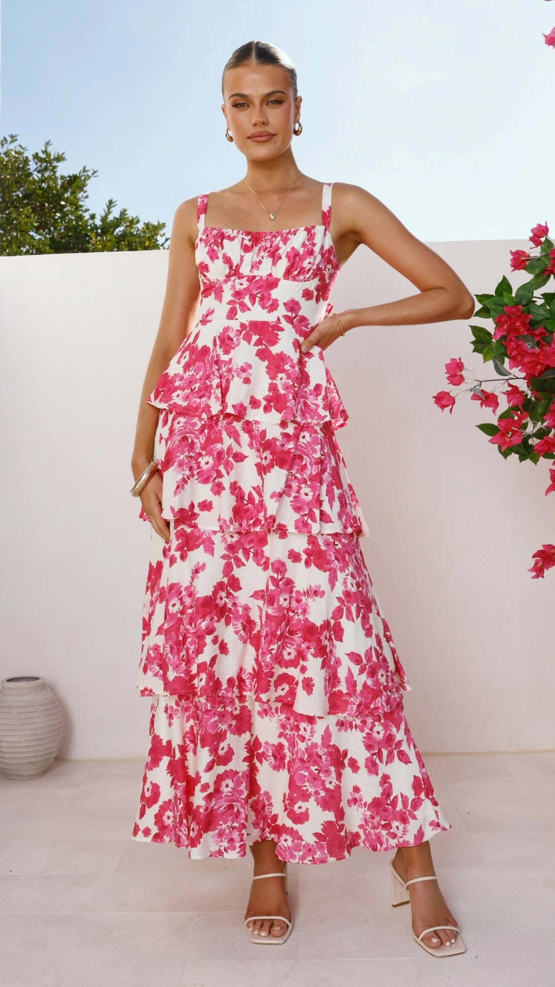 Odilia Maxi Dress - Pink/White Floral Decorative-Design
