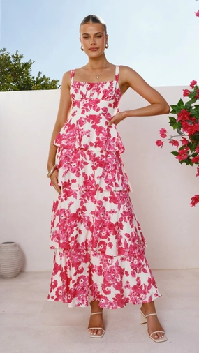 Odilia Maxi Dress - Pink/White Floral Decorative-Design