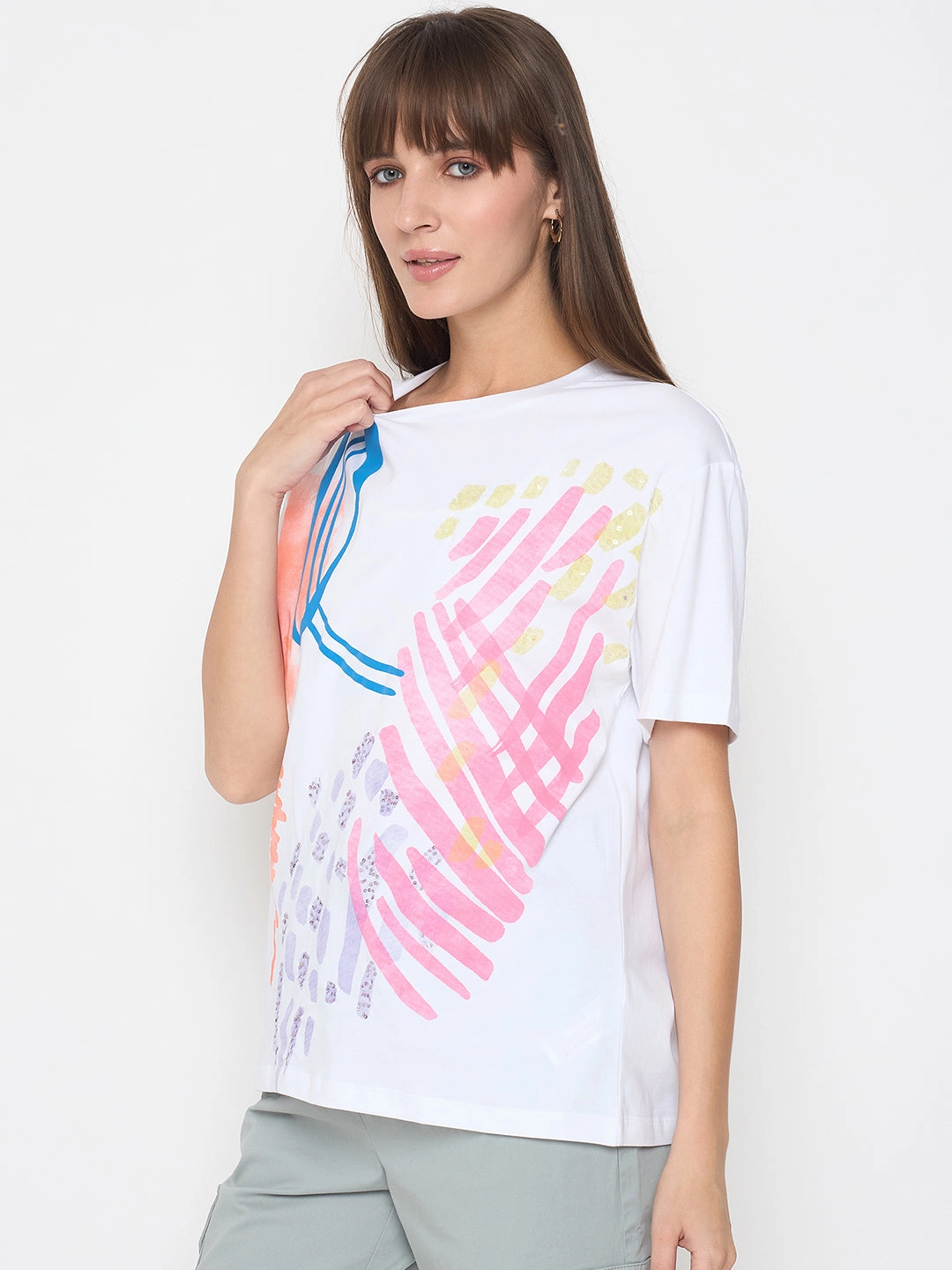 Cozy Vibe Wear Comfort Flex Madame Handwork Detail with Graphic Print White T-shirt