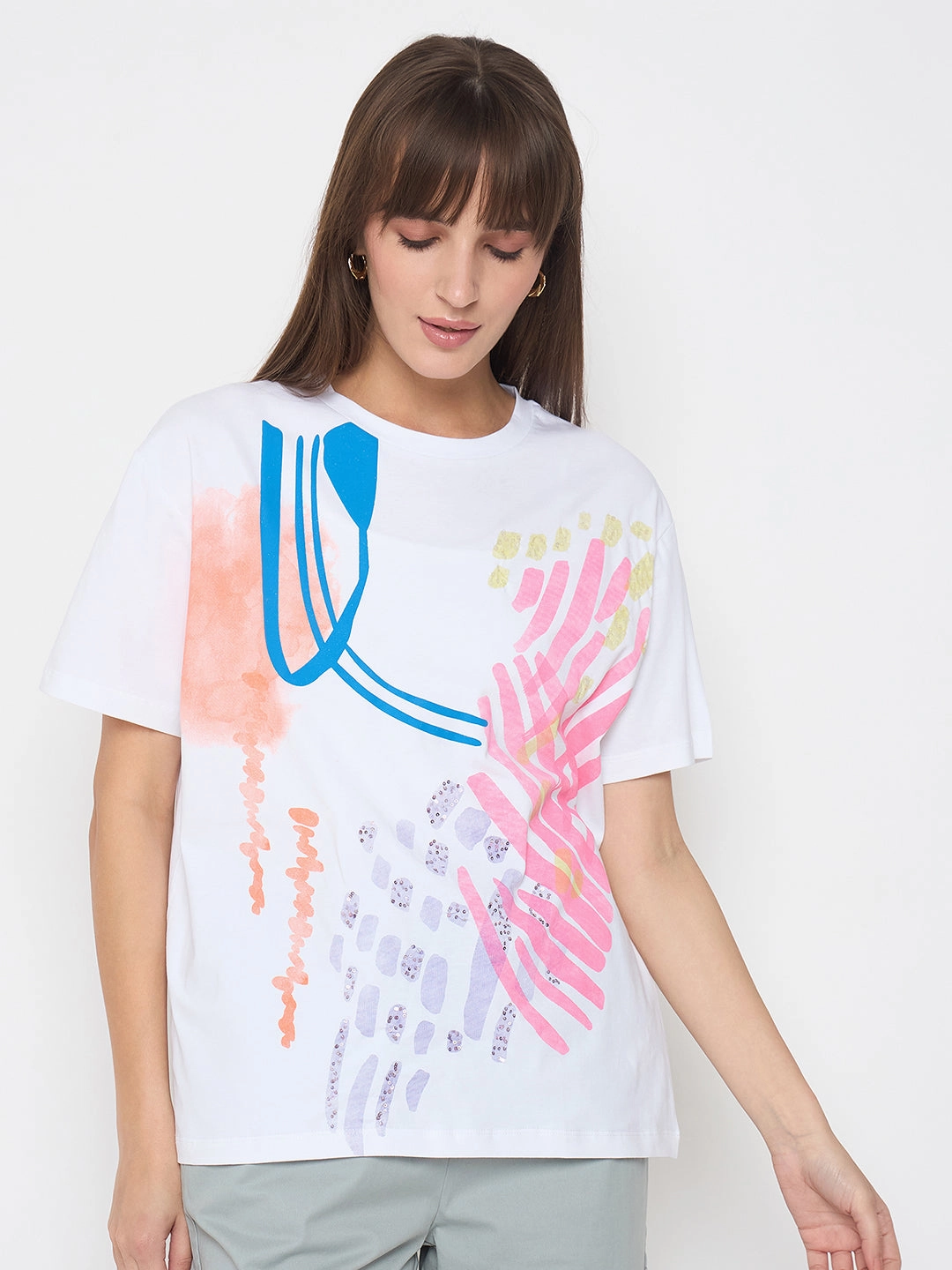 Madame Handwork Detail with Graphic Print White T-shirt Garment Dyed Finish UltraSoftBrushedInterior