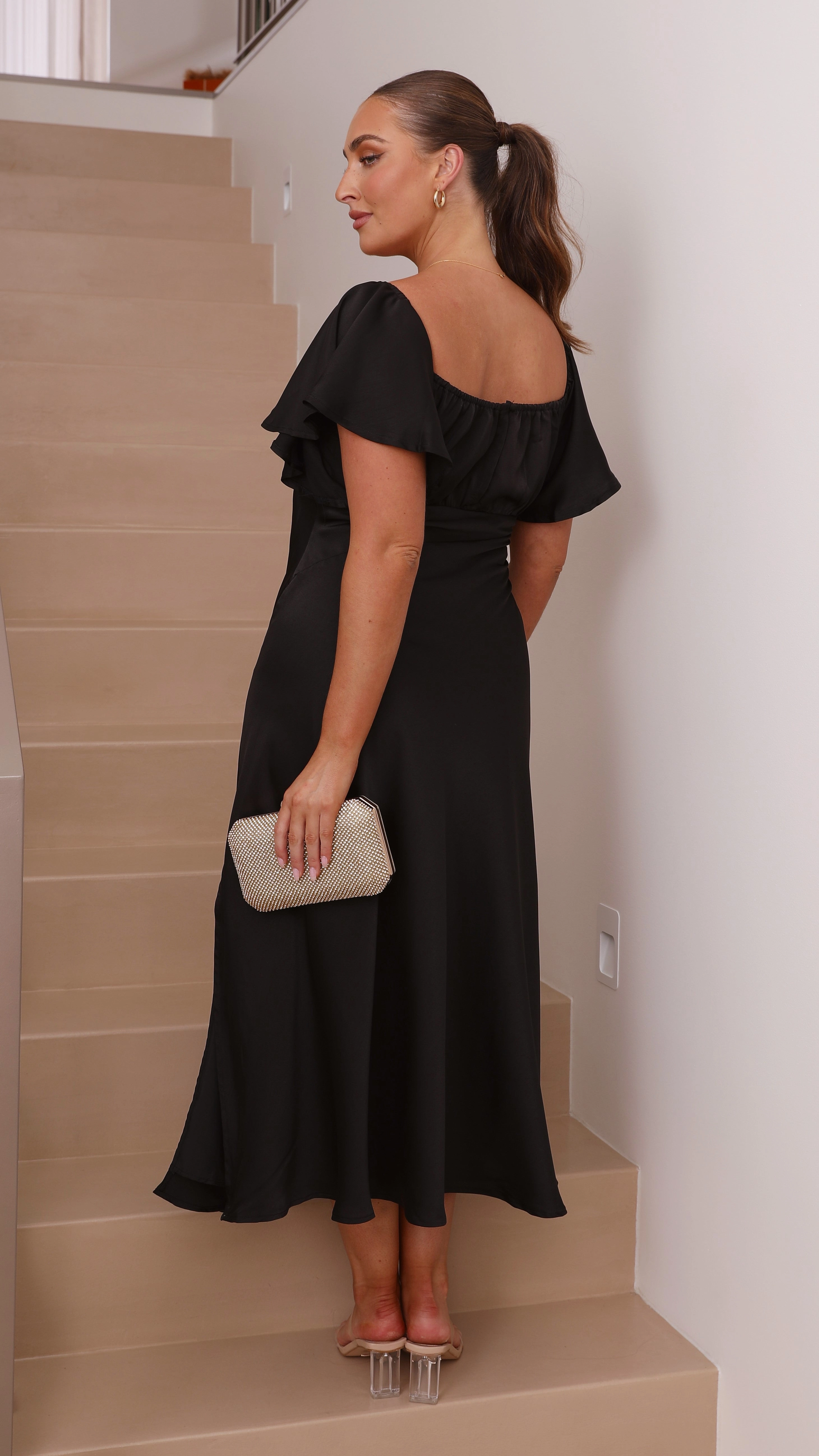 Louisa Midi Dress - Black Convertible-Style Dress for brunch