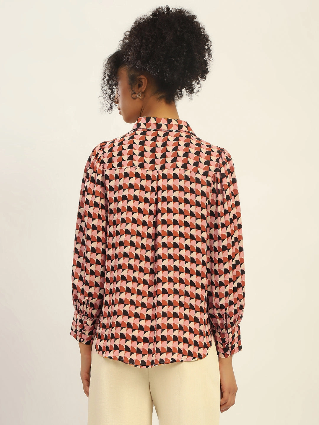 Madame Geometric Printed Rust And Brown Shirt Denim Blend Striped Design